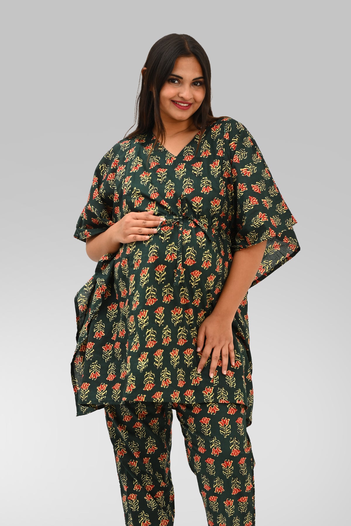 Maternity and Feeding Kaftan Set in Deep Green