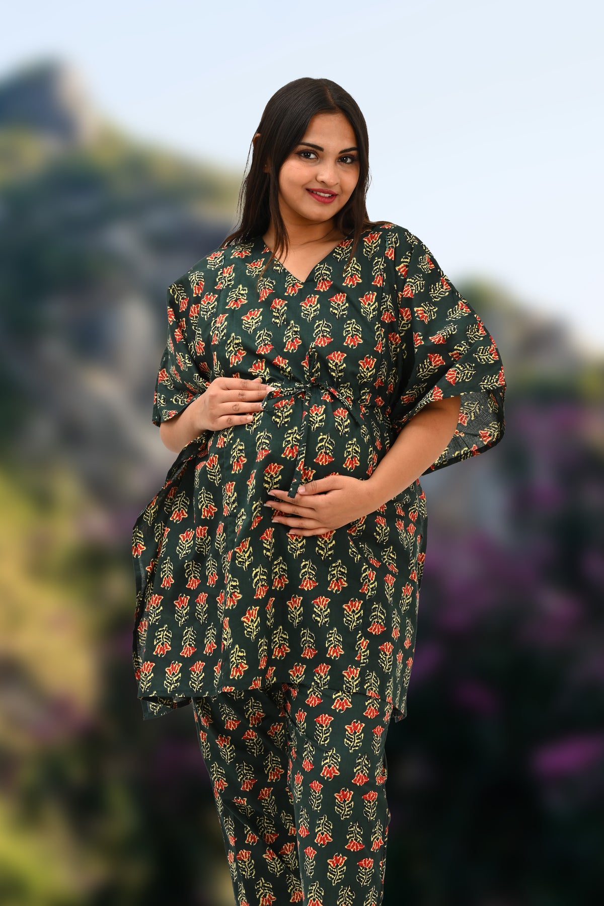 Maternity and Feeding Kaftan Set in Deep Green