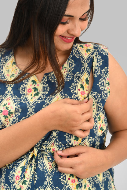 Maternity and Feeding Kurta Set in Cream and Blue