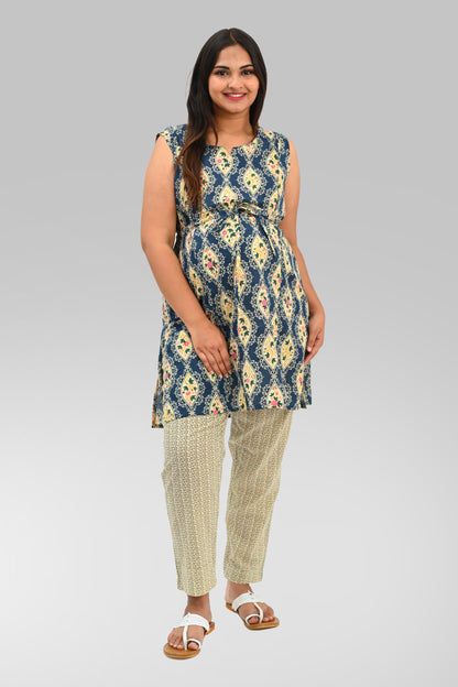 Maternity and Feeding Kurta Set in Cream and Blue