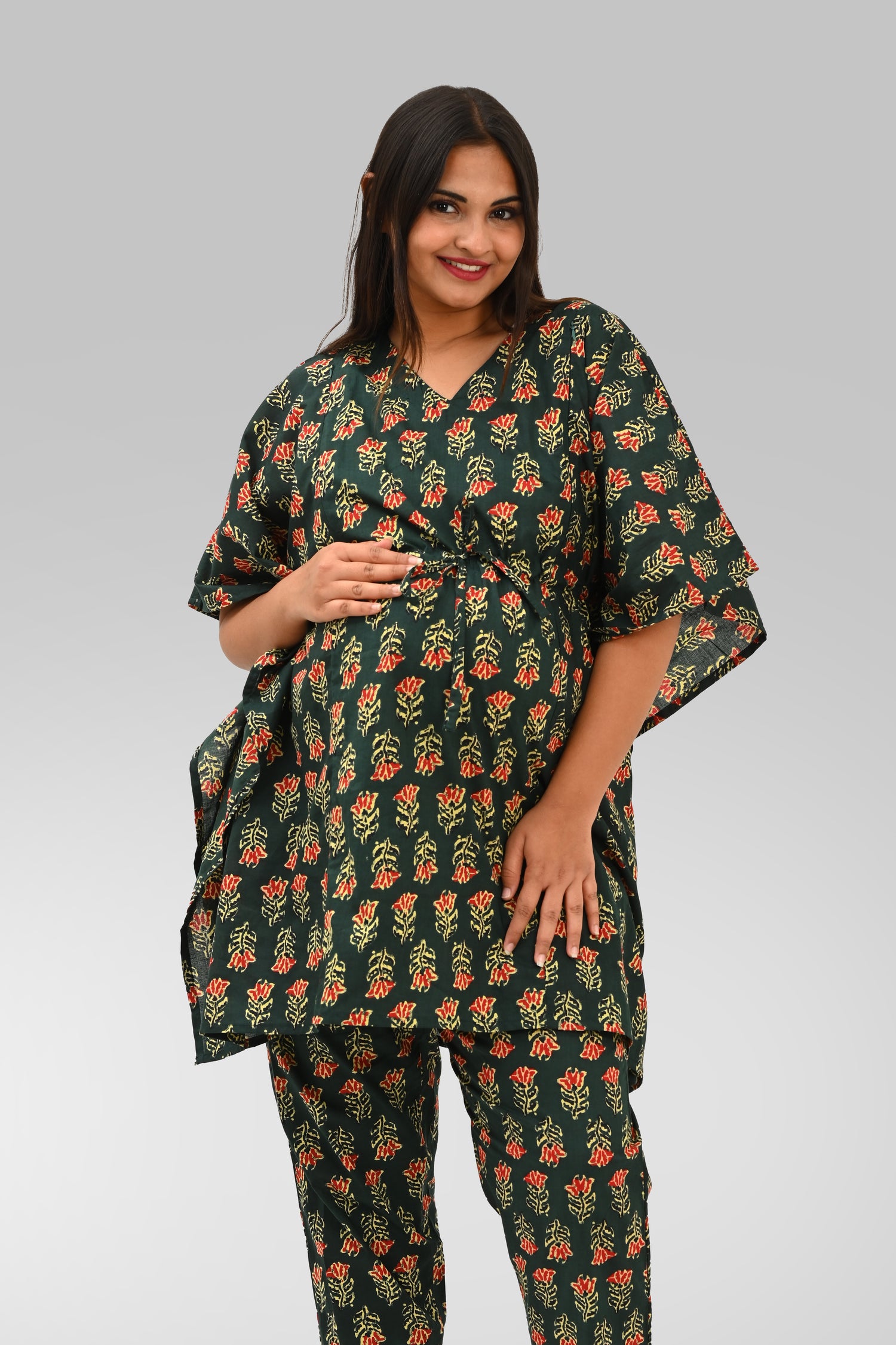 Maternity and Feeding Kaftan Set in Deep Green