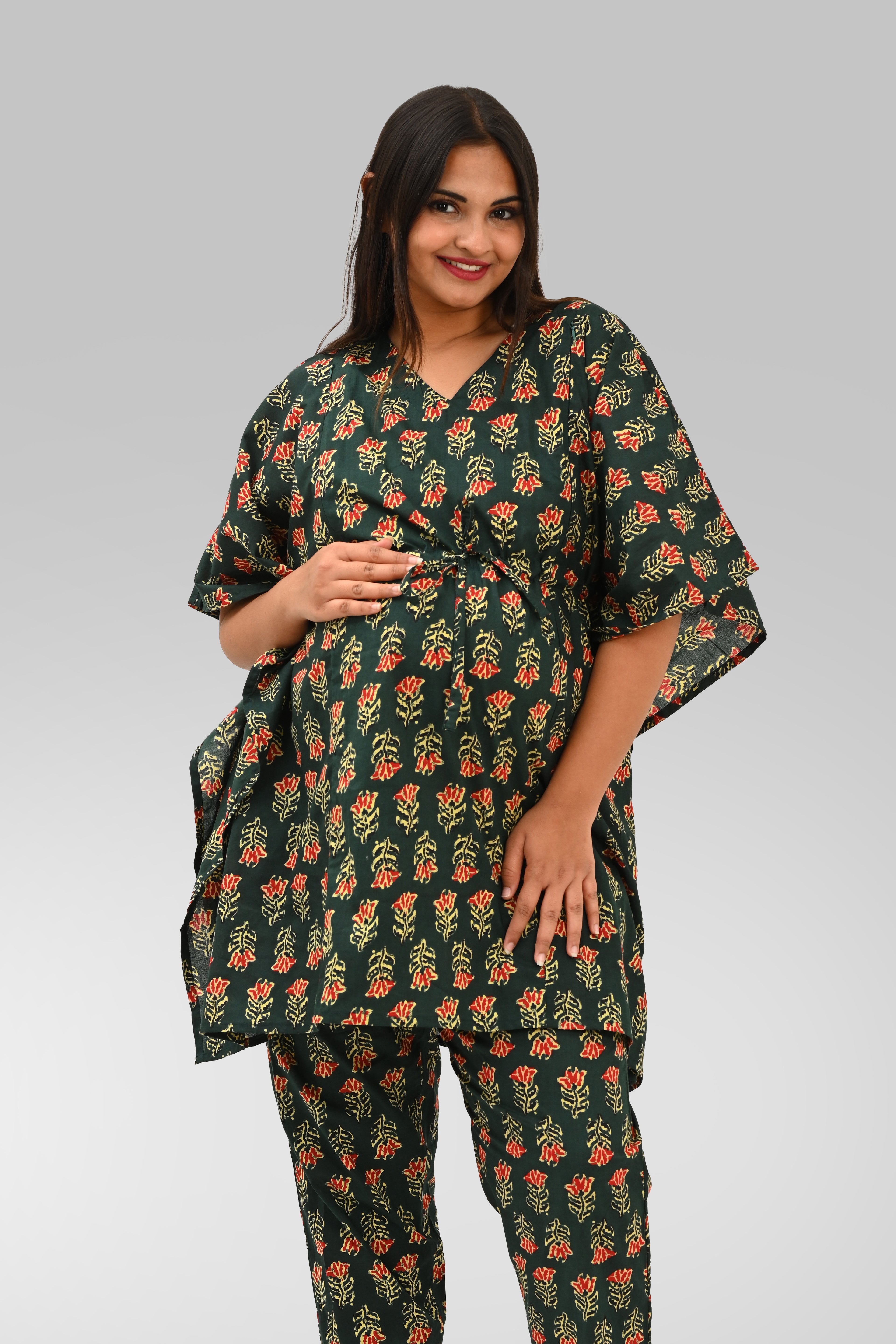 Maternity and Feeding Kaftan Set in Deep Green