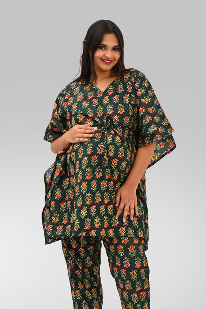 Maternity and Feeding Kaftan Set in Deep Green