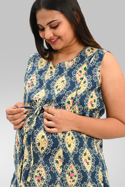 Maternity and Feeding Kurta Set in Cream and Blue