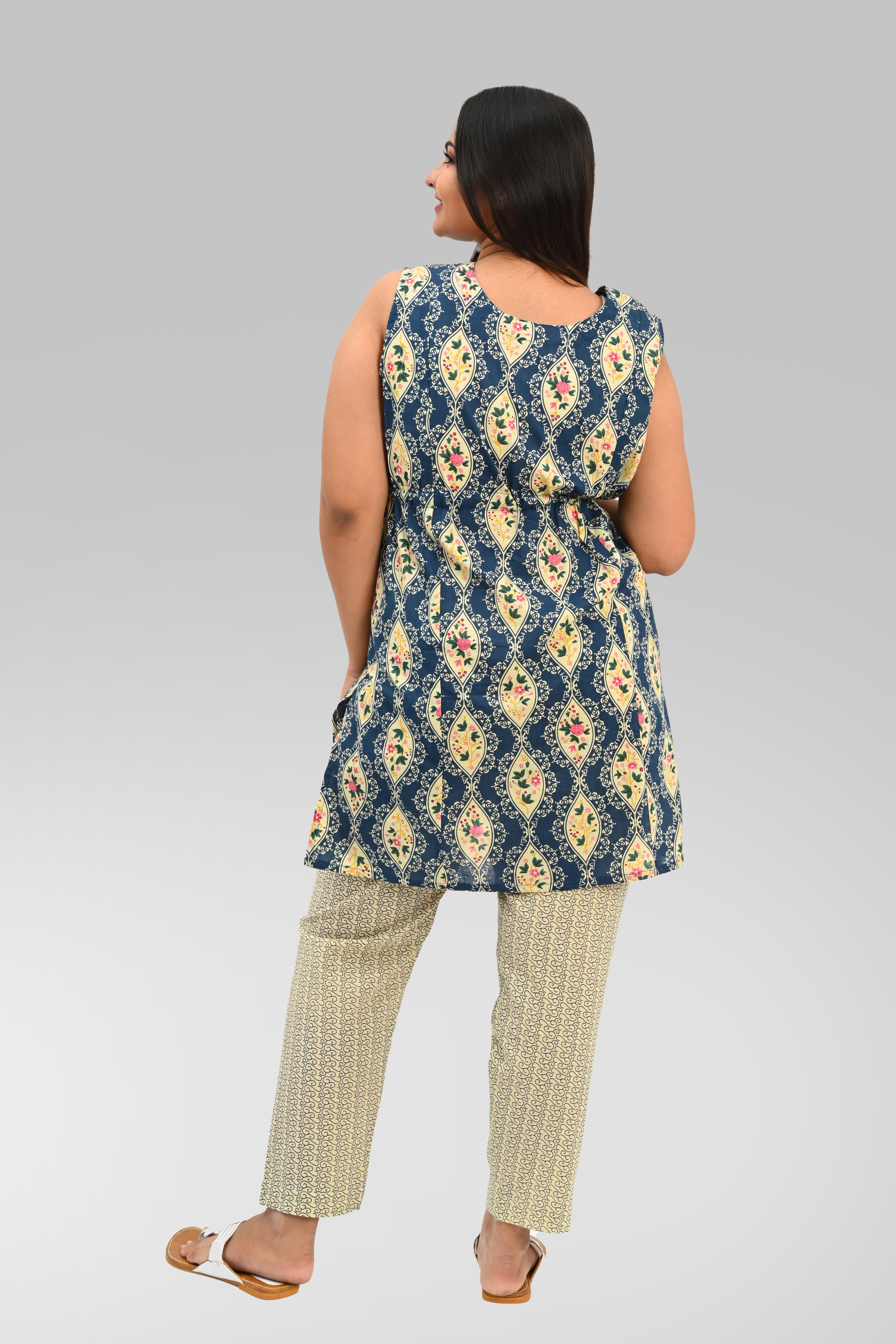 Maternity and Feeding Kurta Set in Cream and Blue