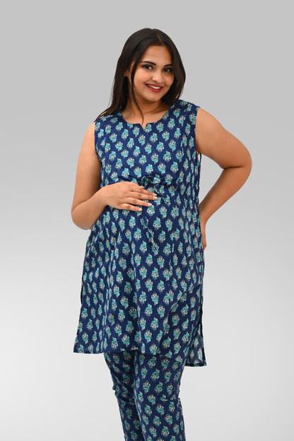 Maternity and Feeding Kurta Set in Deep Blue