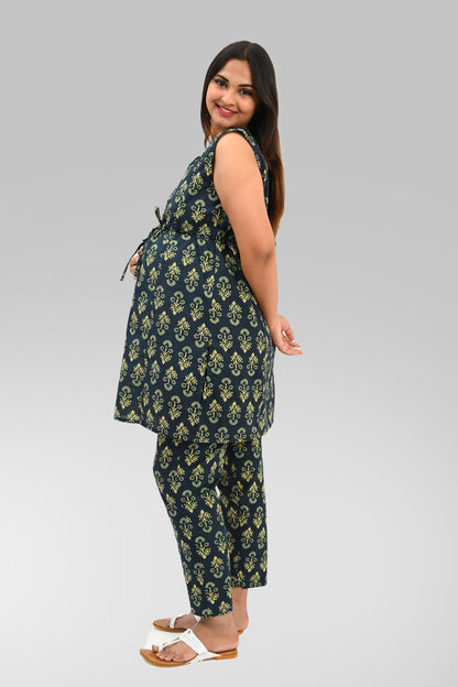 Maternity and Feeding Kurta Set in Deep Green