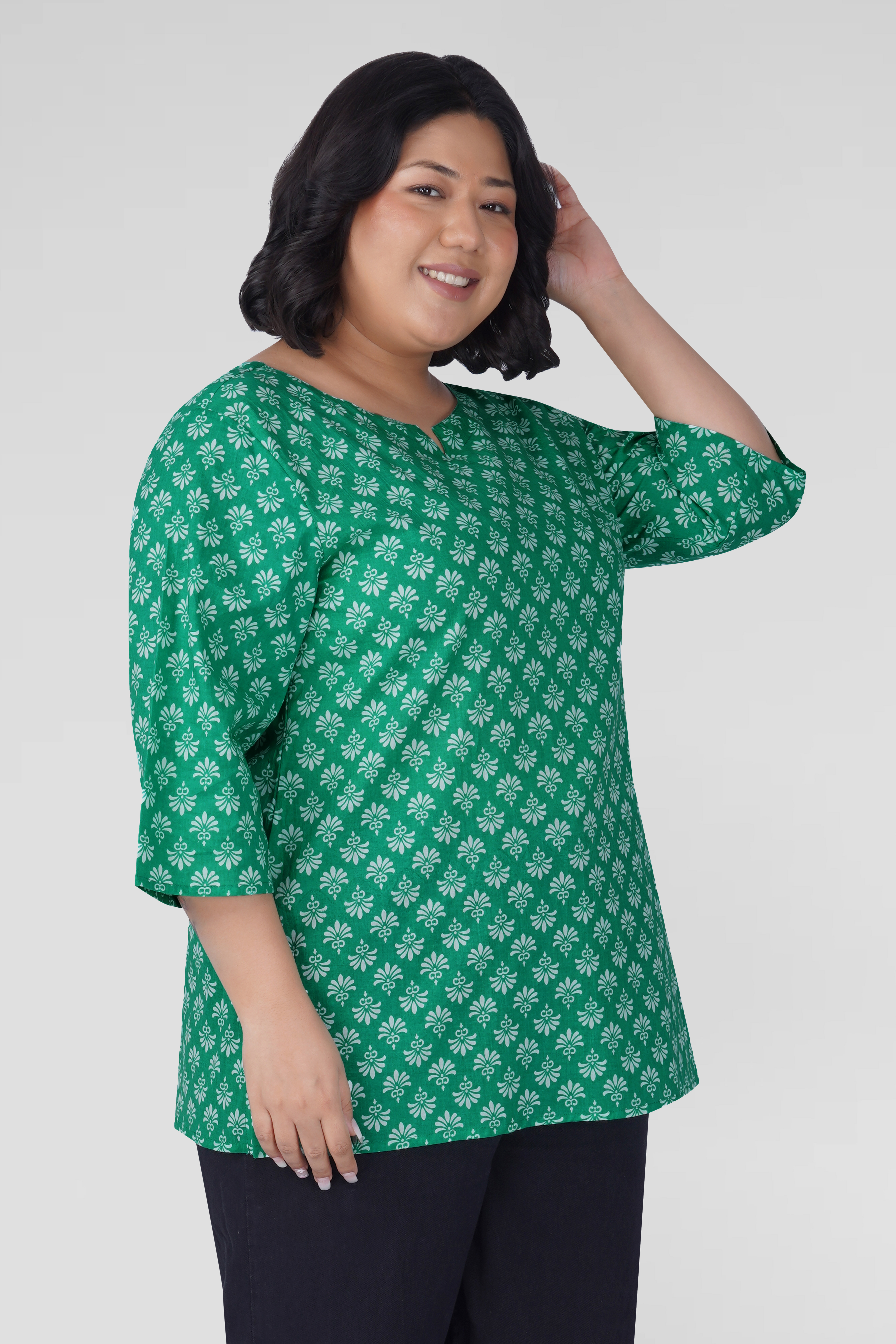 Medium Sea Green Plus Size Cotton Printed Kurti