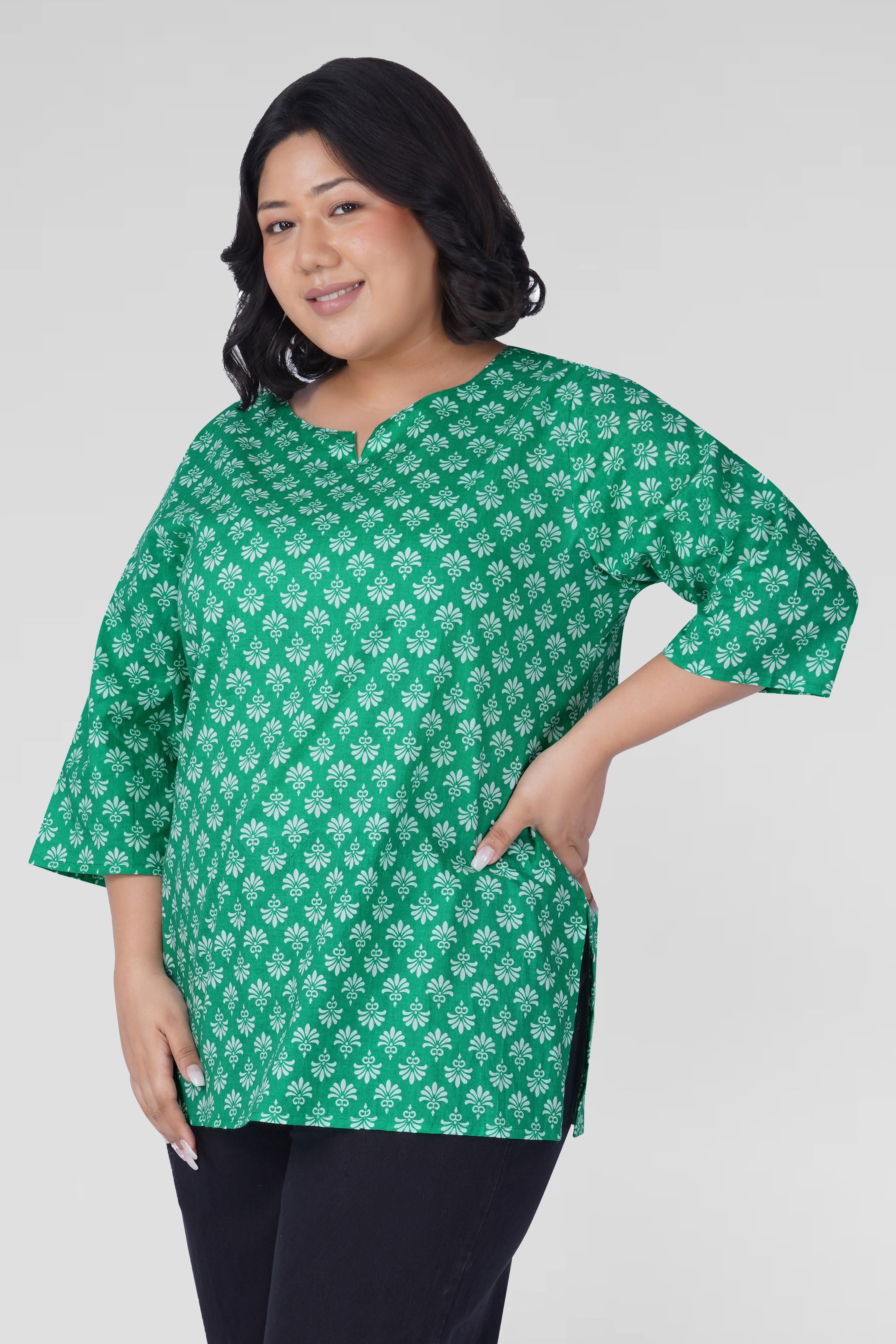 Medium Sea Green Plus Size Cotton Printed Kurti