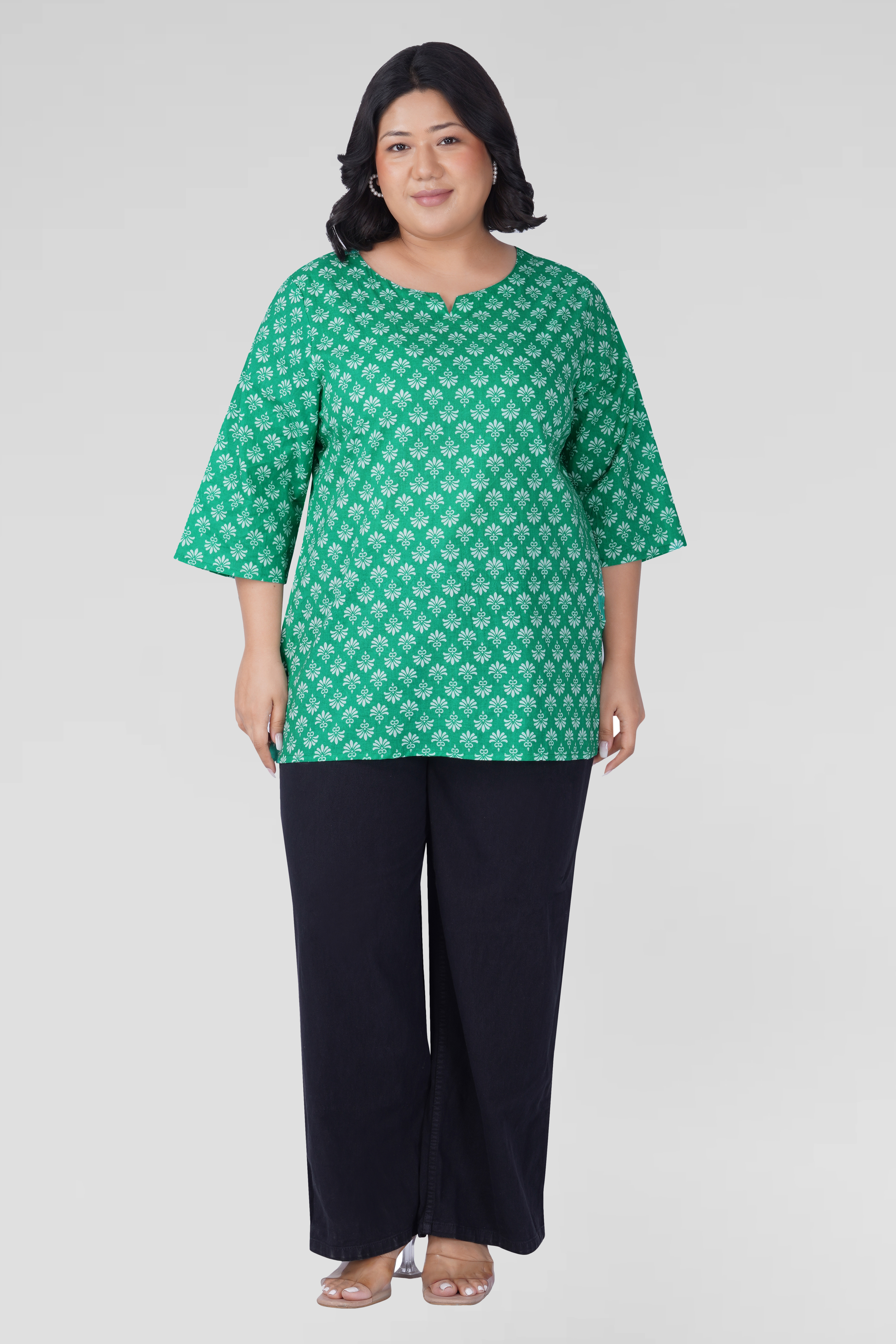 Medium Sea Green Plus Size Cotton Printed Kurti