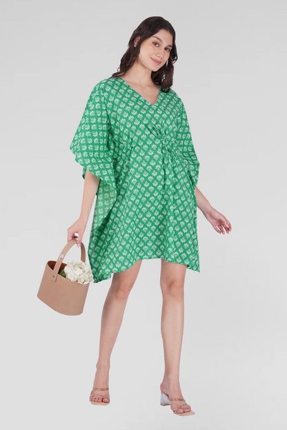 Medium Sea Green Cotton Printed Kaftan Top