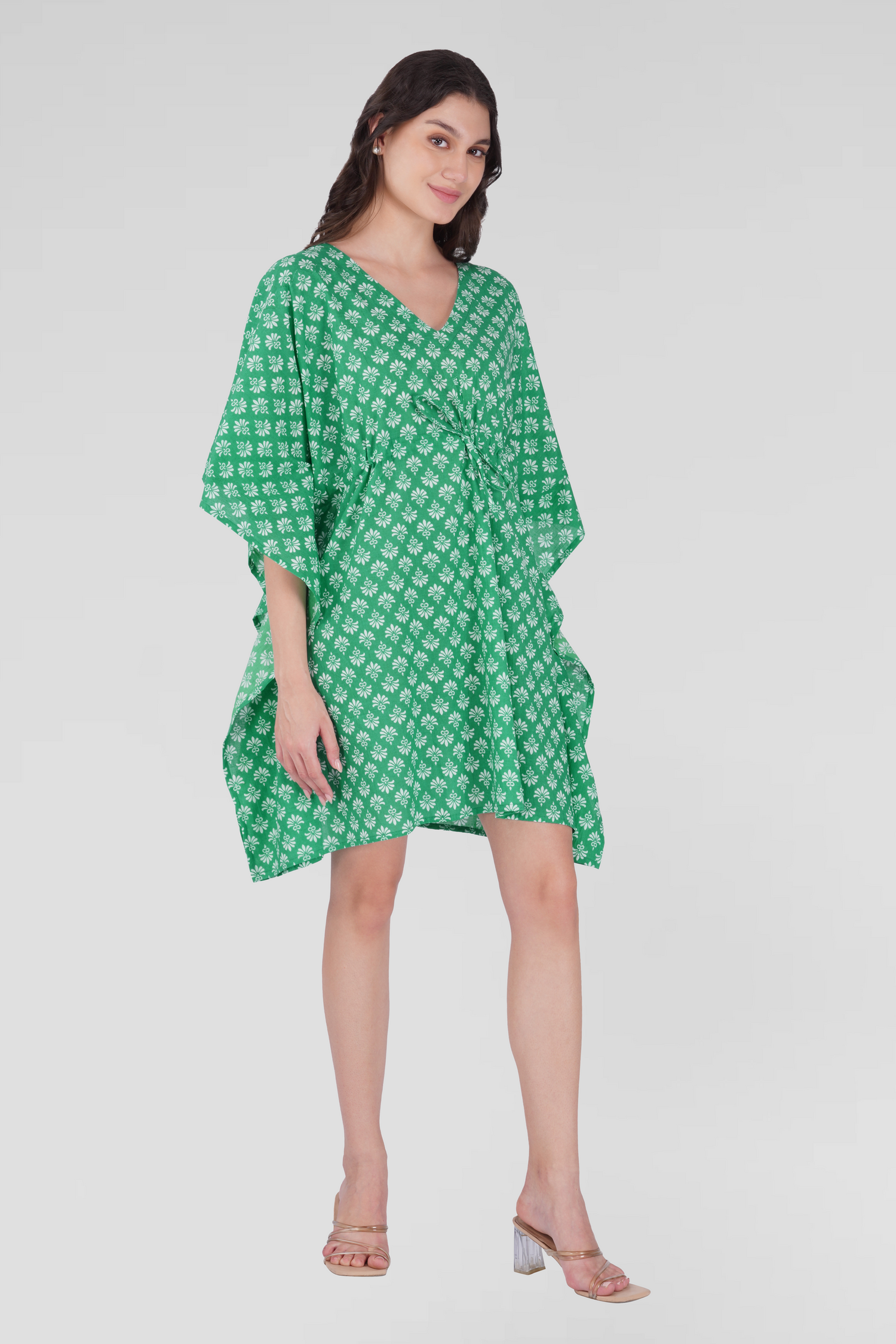 Medium Sea Green Cotton Printed Kaftan Top
