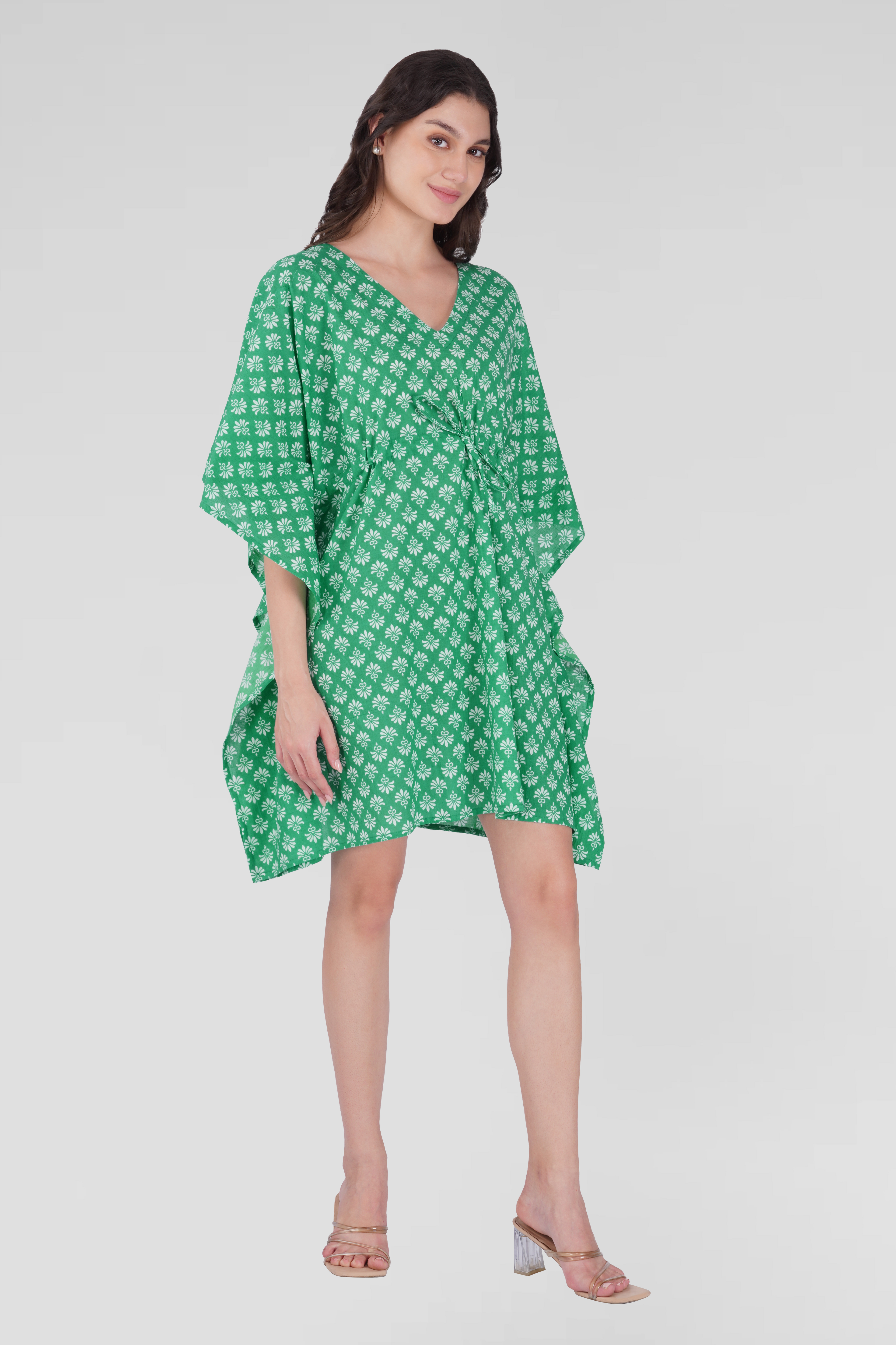 Medium Sea Green Cotton Printed Kaftan Top