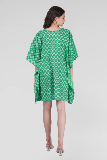 Medium Sea Green Cotton Printed Kaftan Top