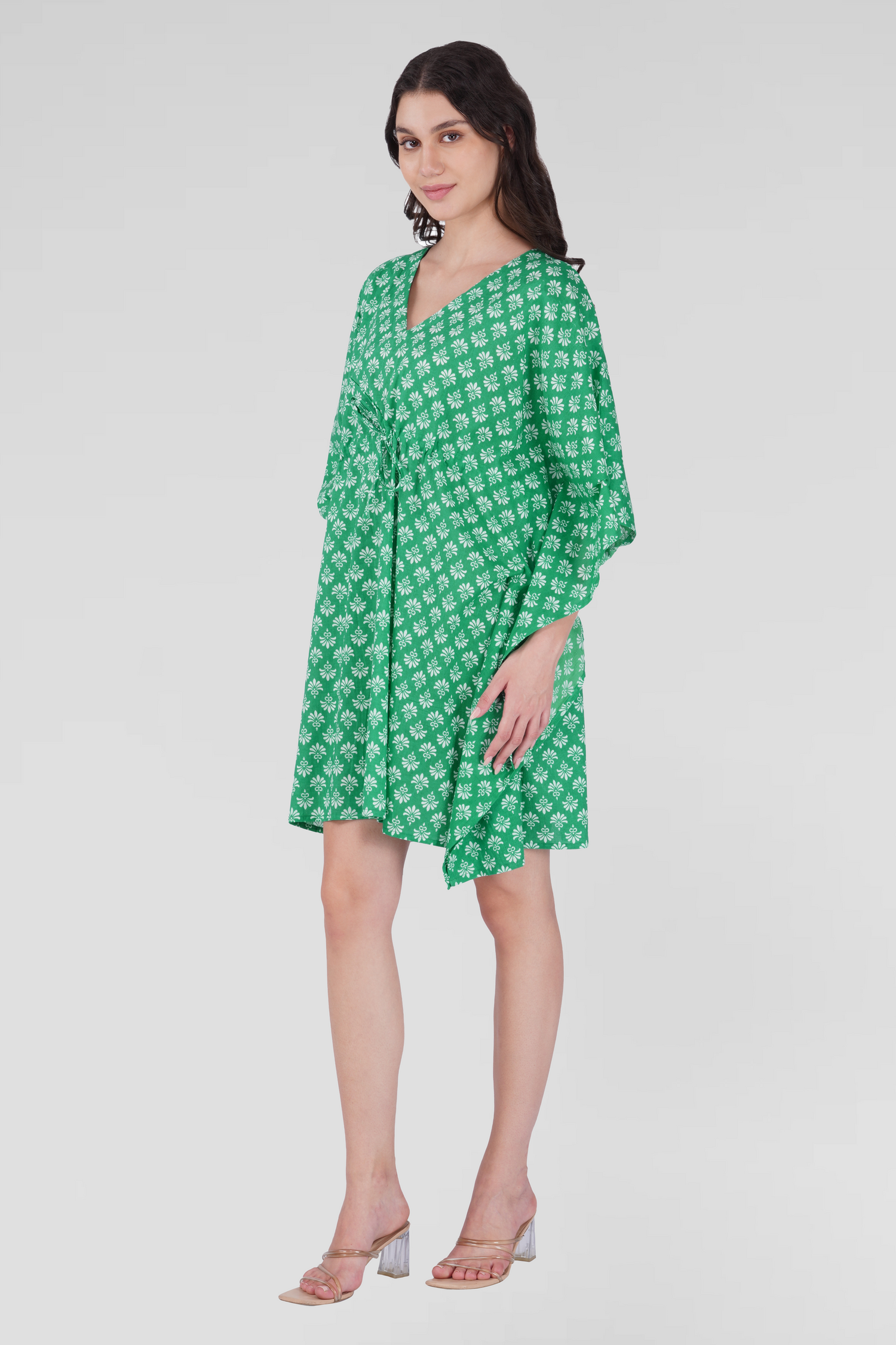 Medium Sea Green Cotton Printed Kaftan Top