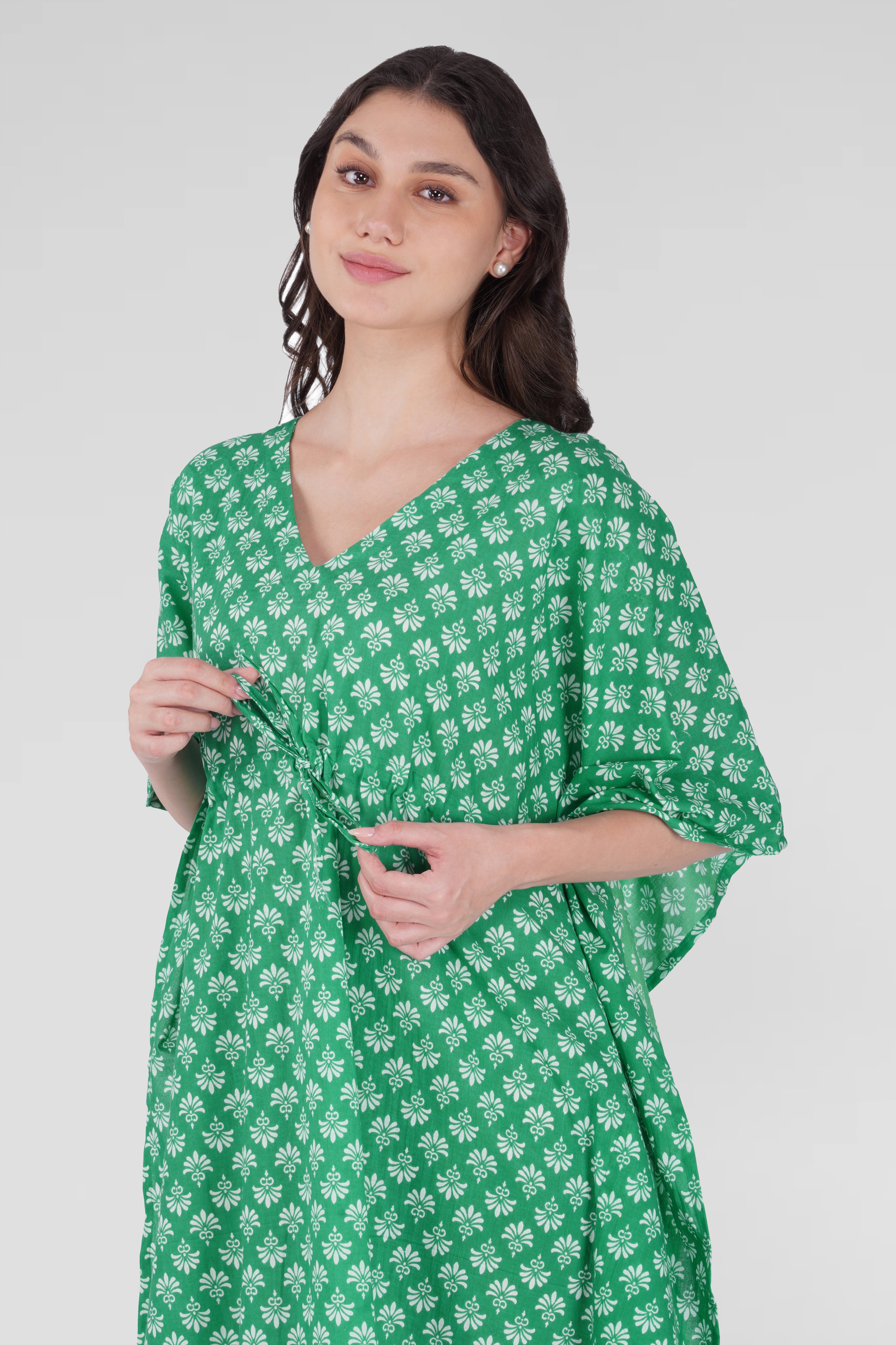 Medium Sea Green Cotton Printed Kaftan Top