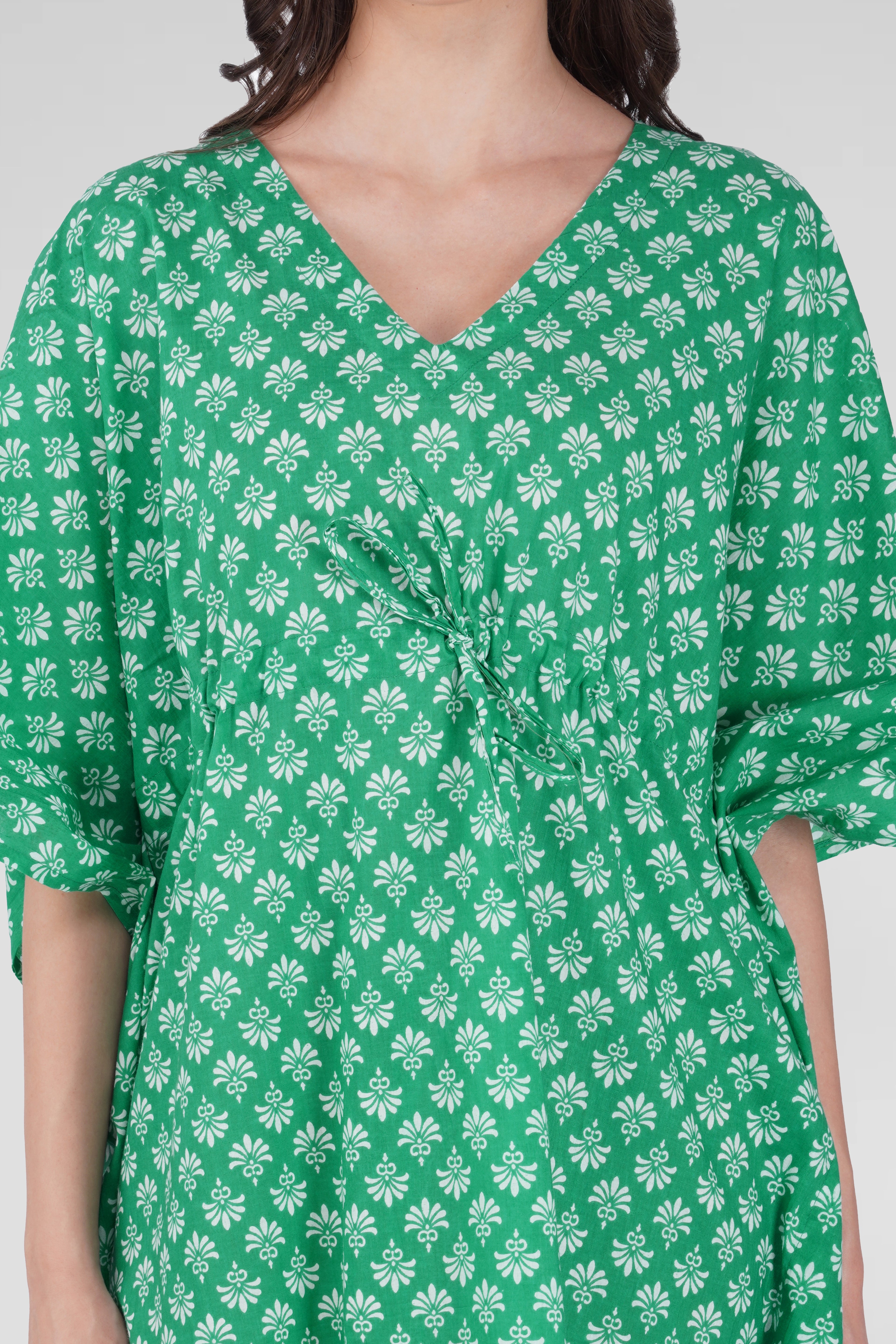 Medium Sea Green Cotton Printed Kaftan Top