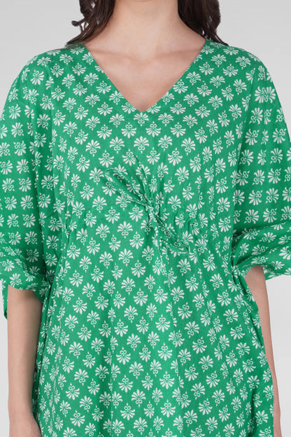 Medium Sea Green Cotton Printed Kaftan Top