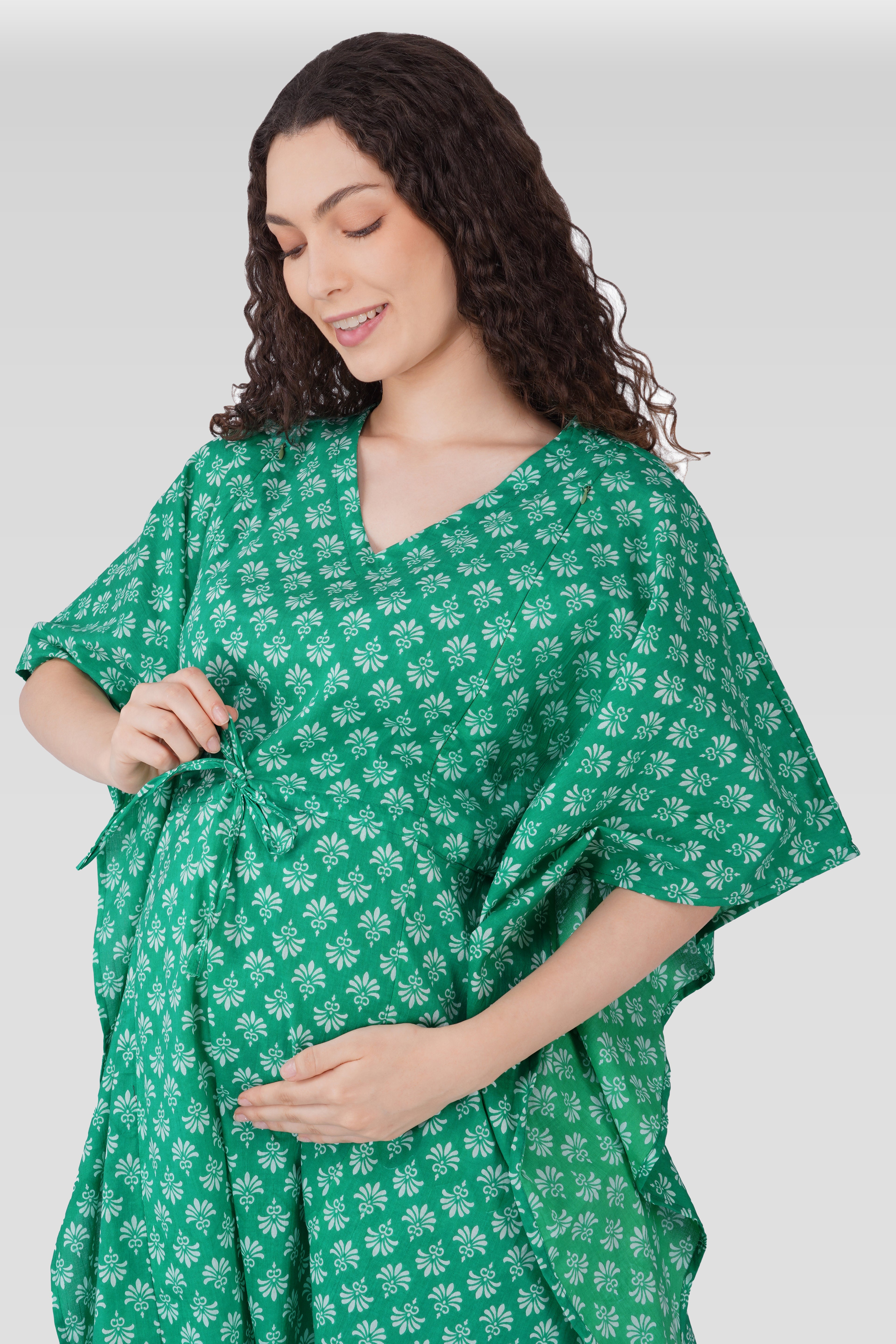 Medium Sea Green Cotton Printed Maternity and Feeding Kaftan Set