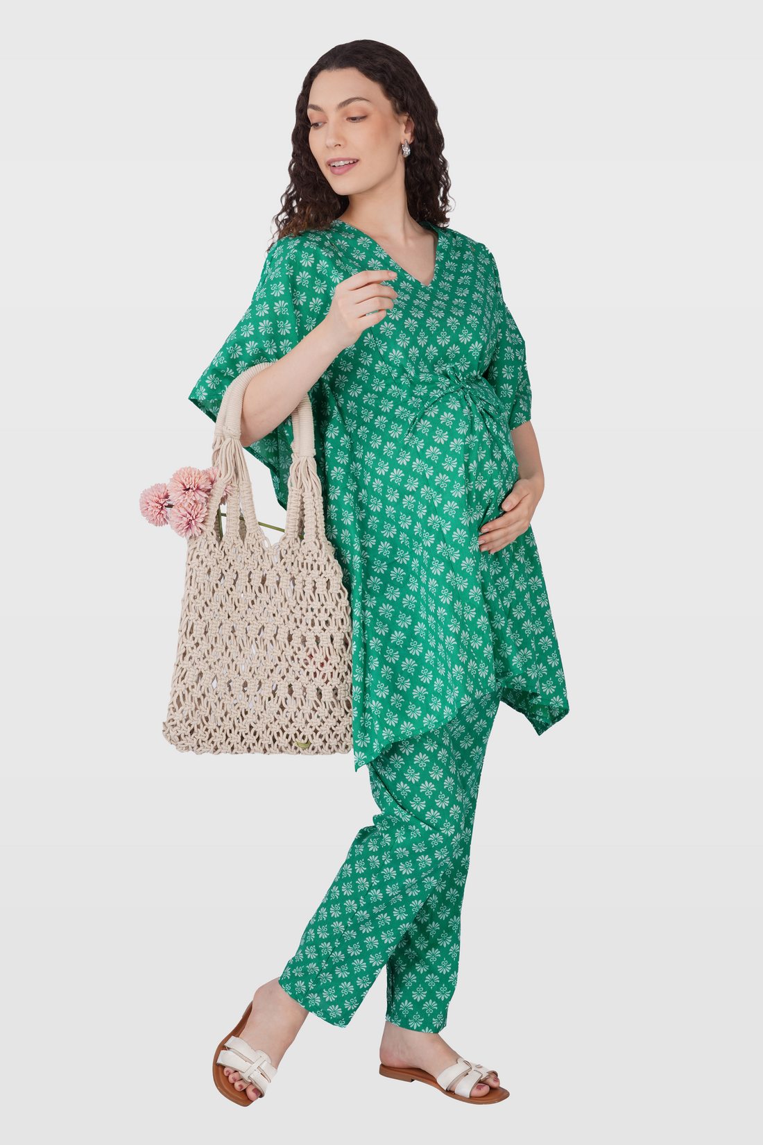 Medium Sea Green Cotton Printed Maternity and Feeding Kaftan Set
