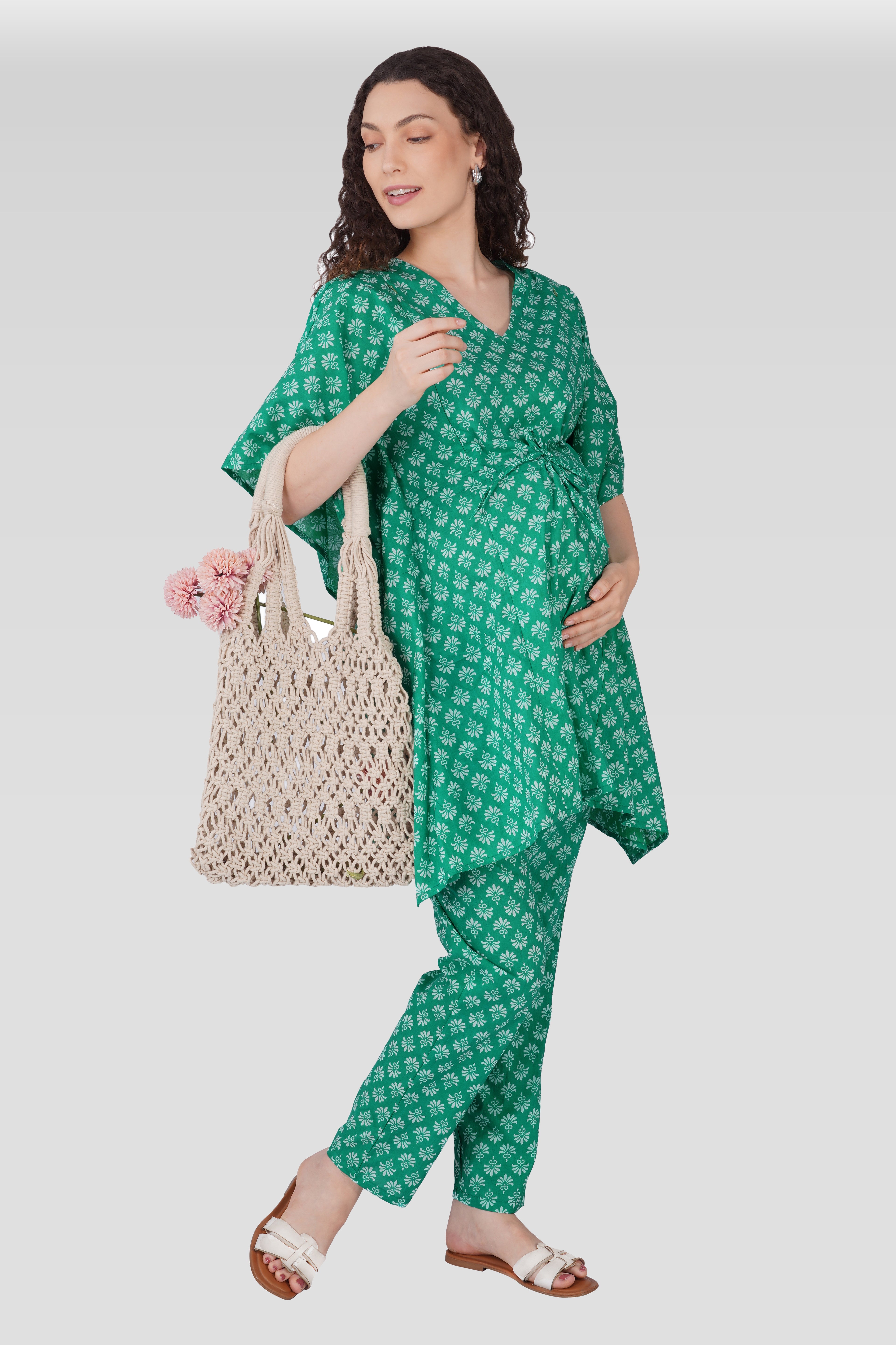 Medium Sea Green Cotton Printed Maternity and Feeding Kaftan Set