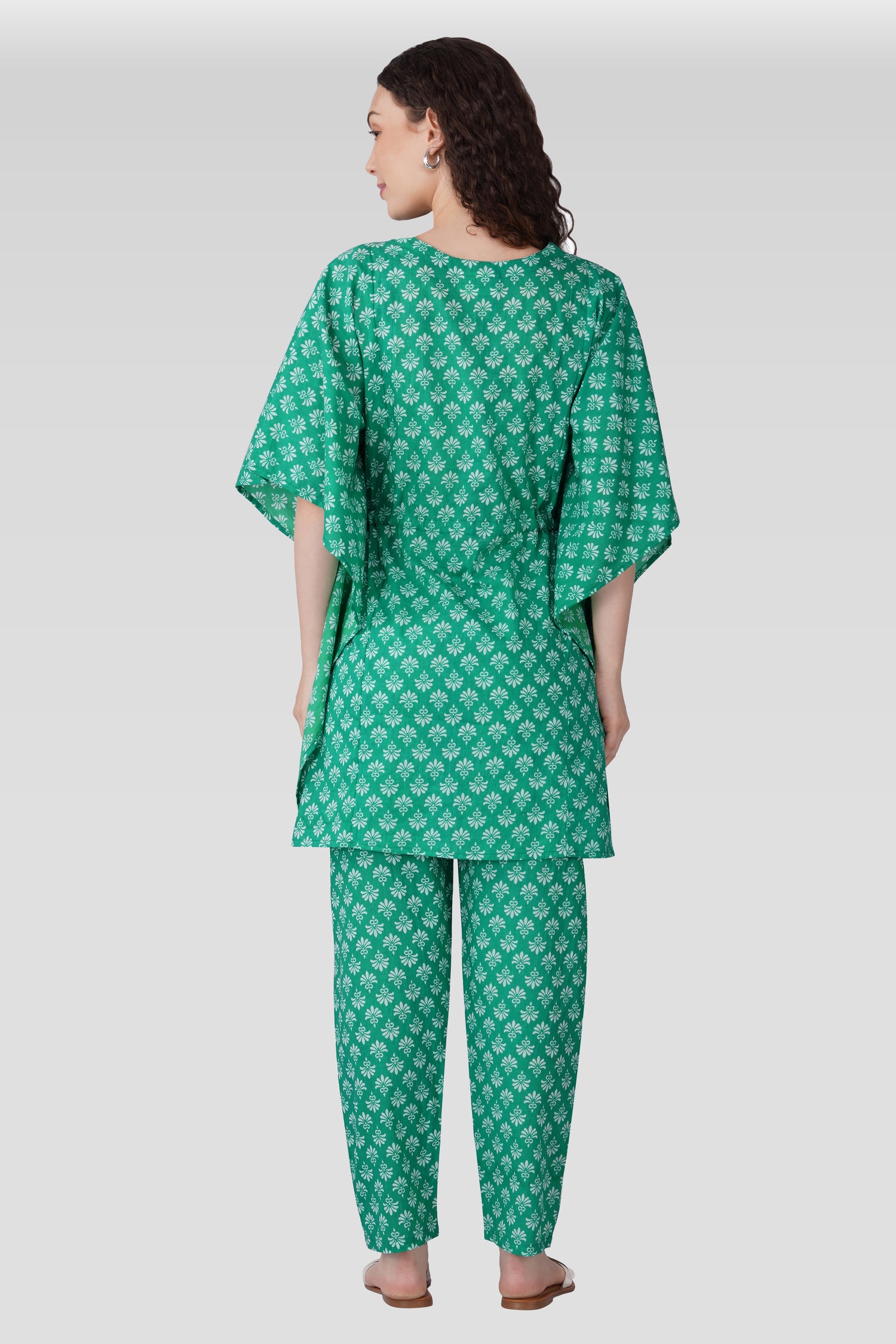 Medium Sea Green Cotton Printed Maternity and Feeding Kaftan Set