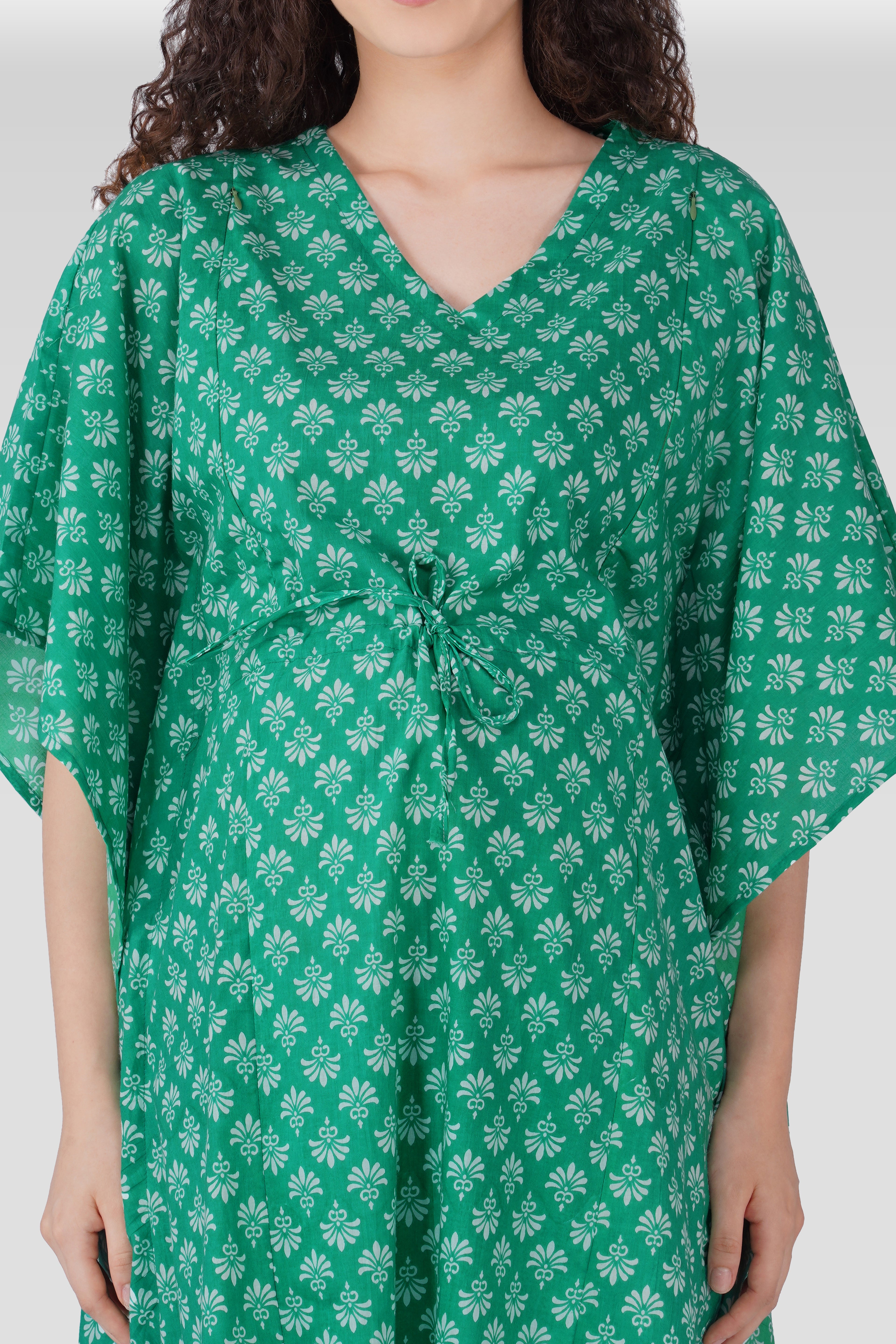 Medium Sea Green Cotton Printed Maternity and Feeding Kaftan Set