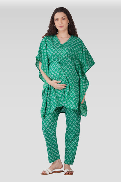 Medium Sea Green Cotton Printed Maternity and Feeding Kaftan Set