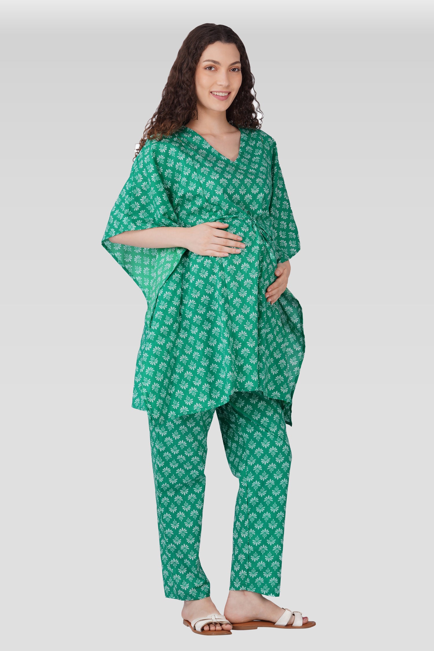 Medium Sea Green Cotton Printed Maternity and Feeding Kaftan Set