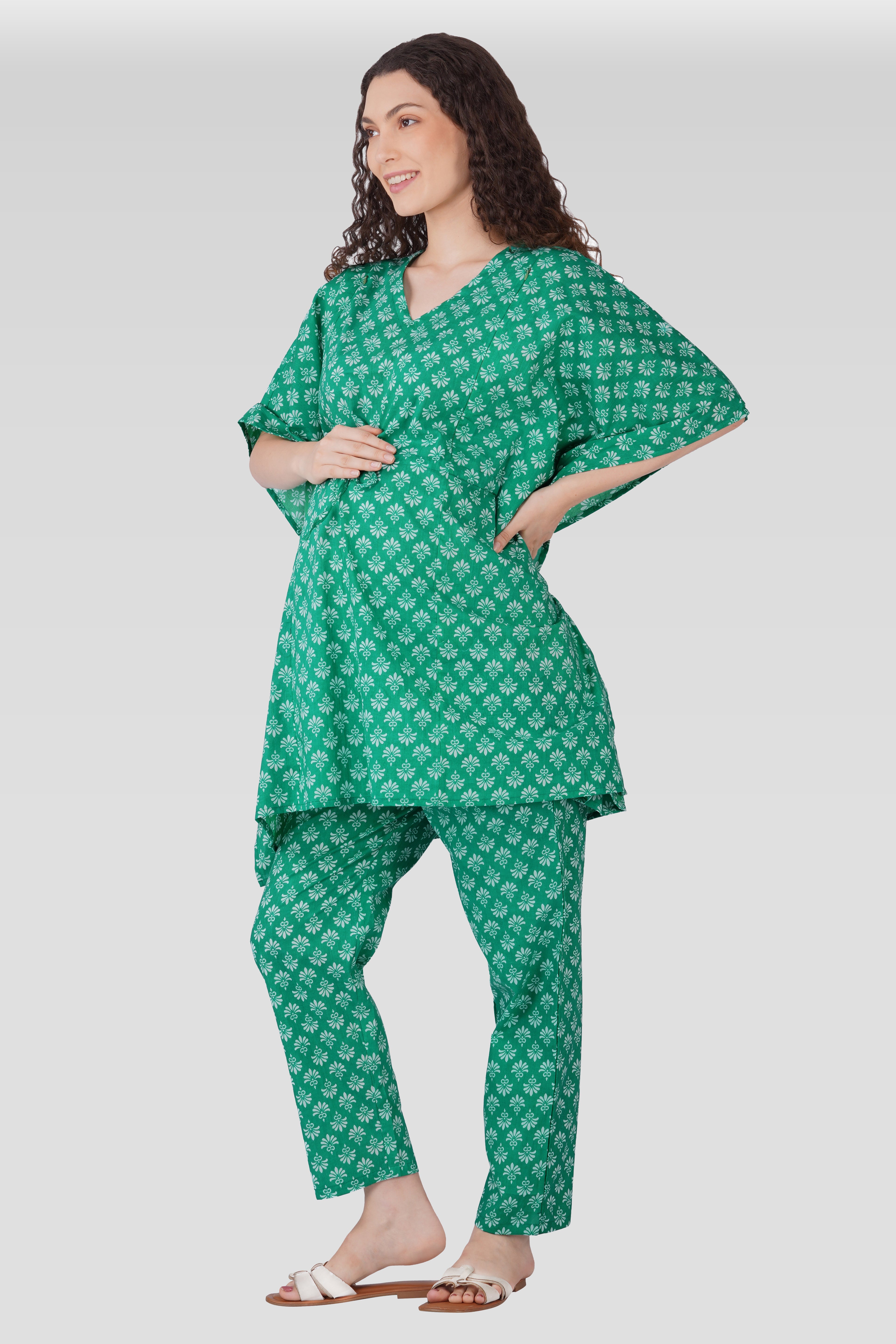Medium Sea Green Cotton Printed Maternity and Feeding Kaftan Set