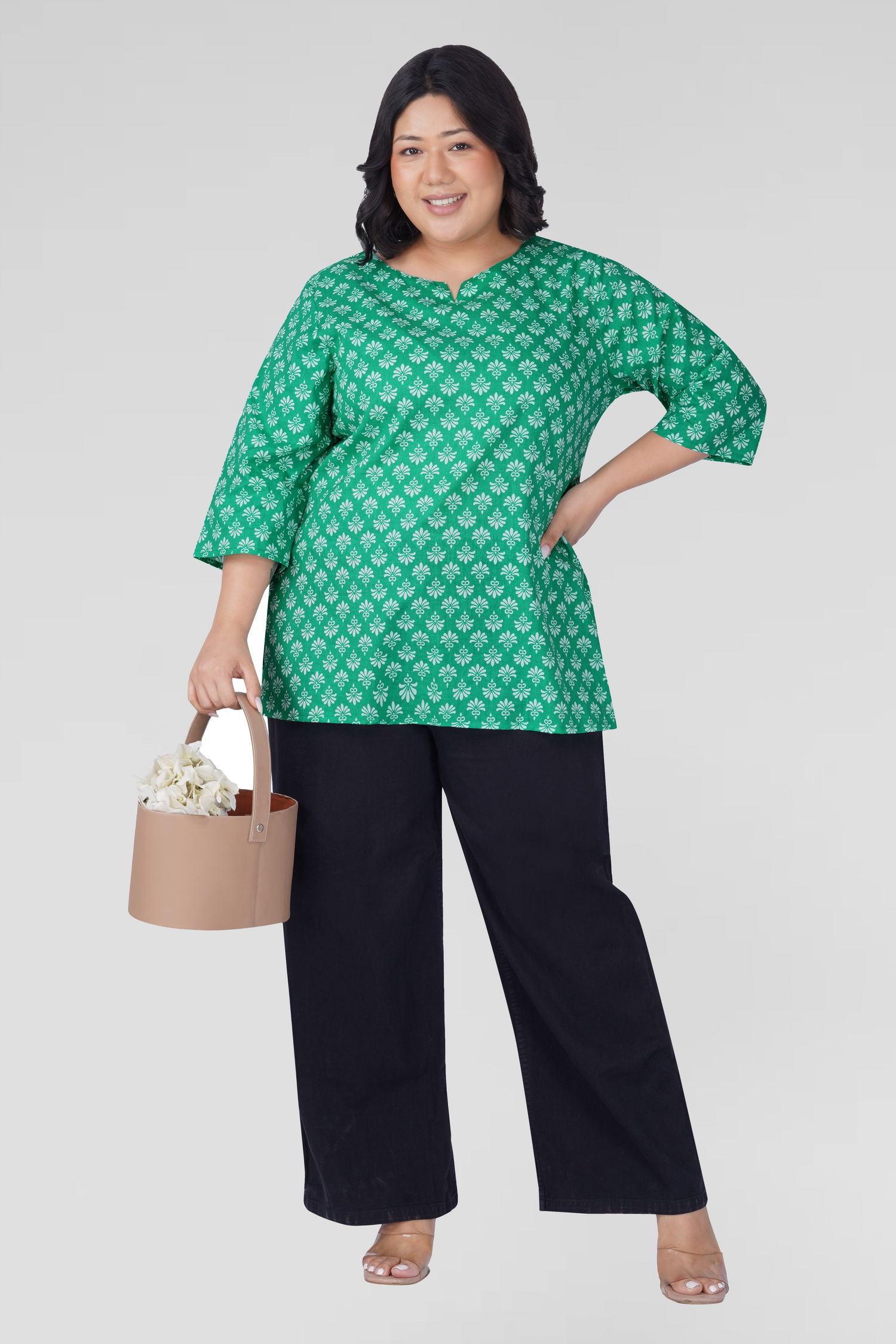 Medium Sea Green Plus Size Cotton Printed Kurti