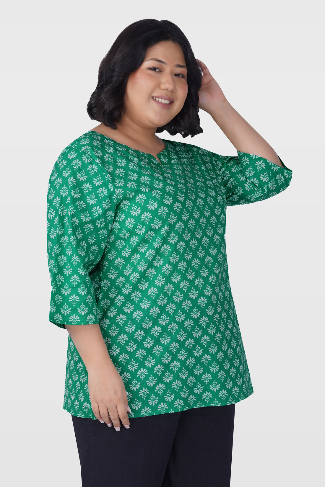 Medium Sea Green Plus Size Cotton Printed Kurti