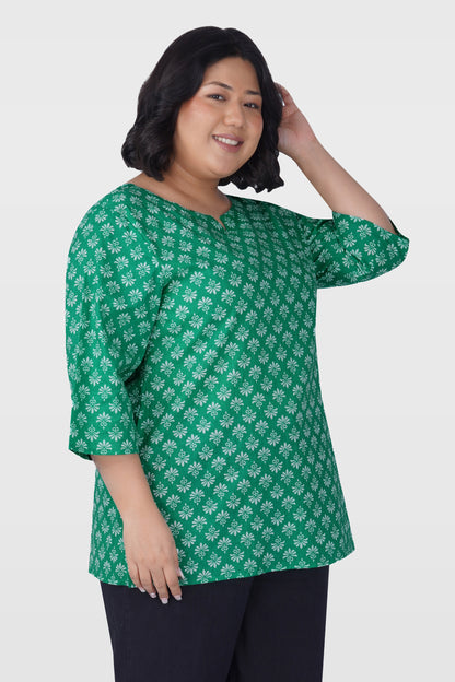 Medium Sea Green Plus Size Cotton Printed Kurti