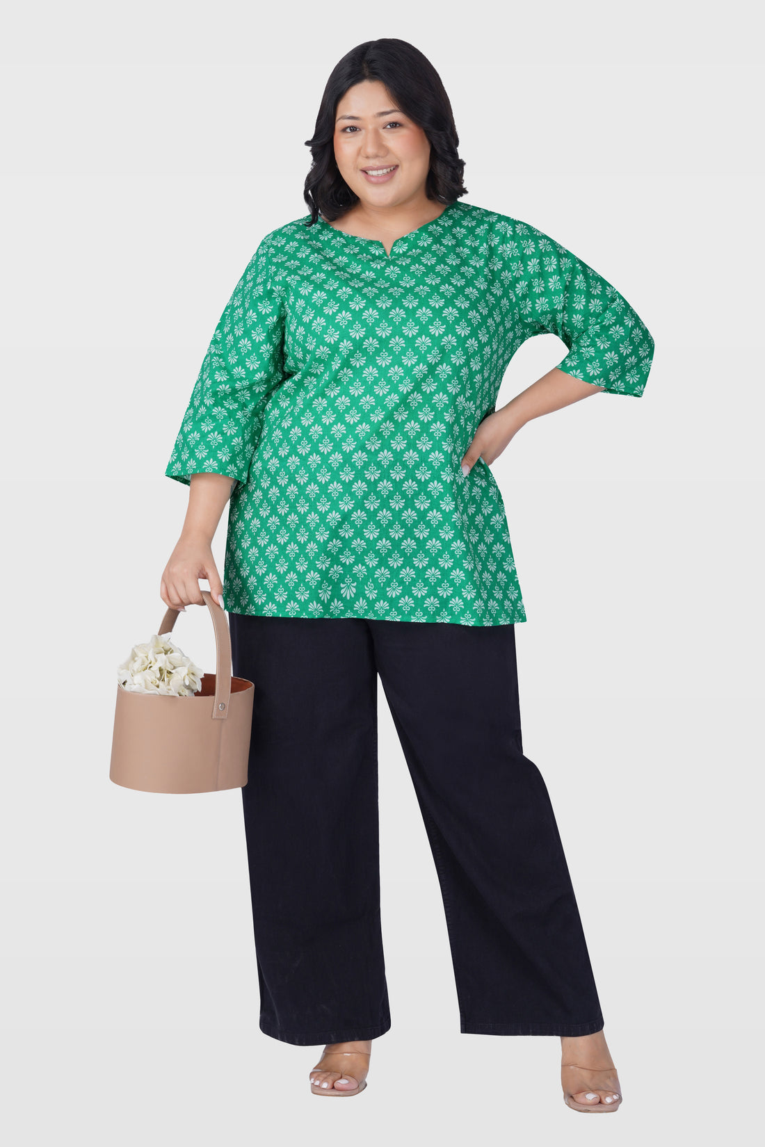 Medium Sea Green Plus Size Cotton Printed Kurti