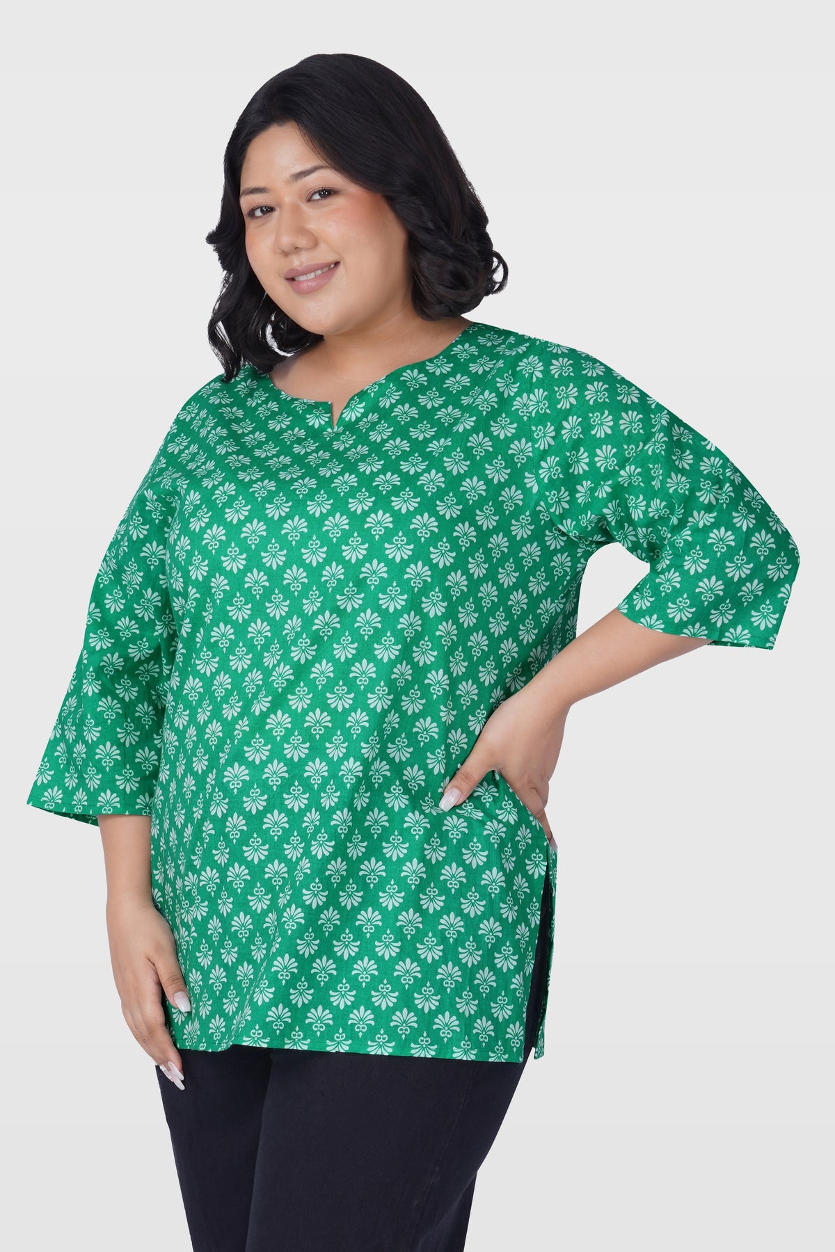Medium Sea Green Plus Size Cotton Printed Kurti