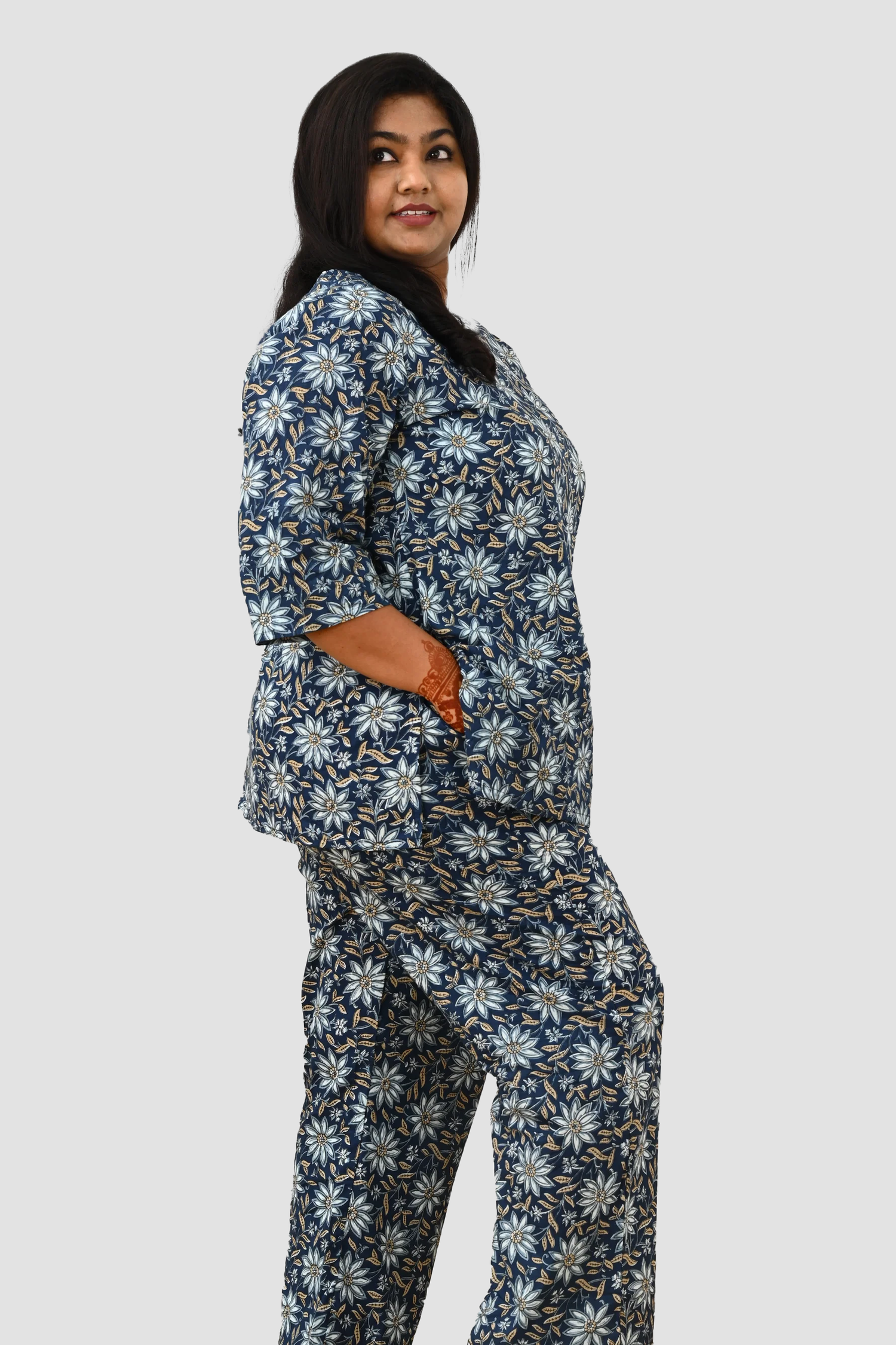 Midnight Blue Plus Size Cotton Printed Pyjama Set