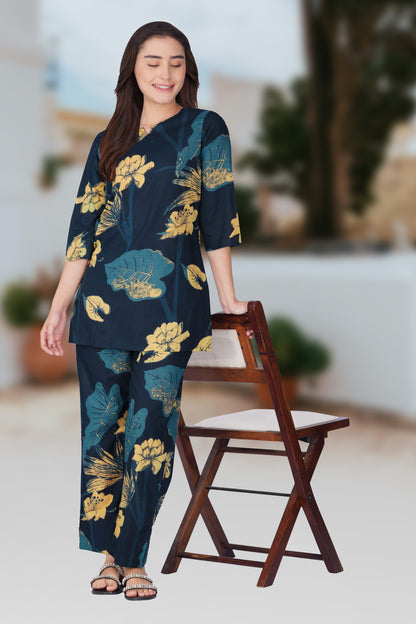 Midnight Indigo Cotton Printed Pyjama Set