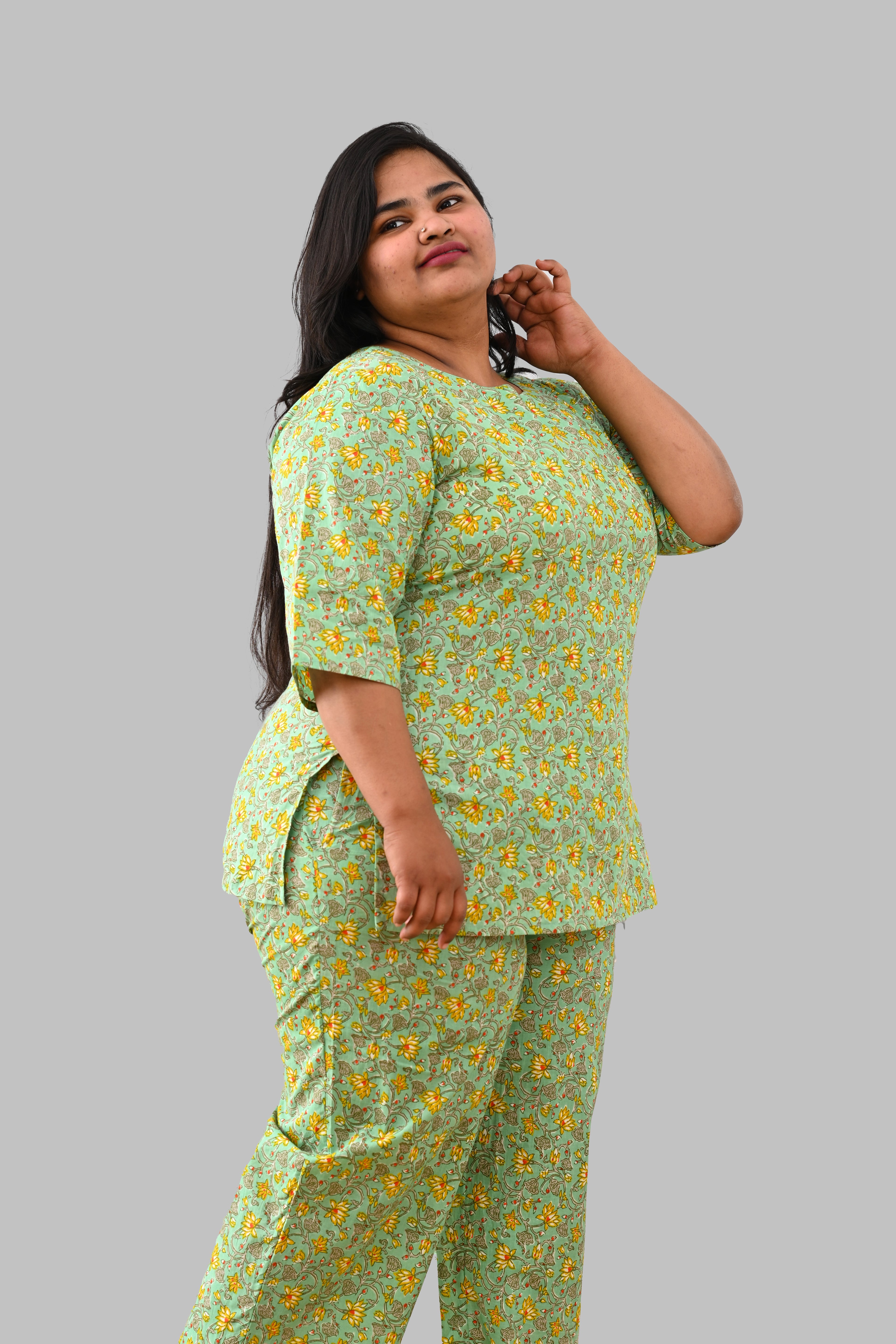 Mint Plus Size Cotton Printed Pyjama Set
