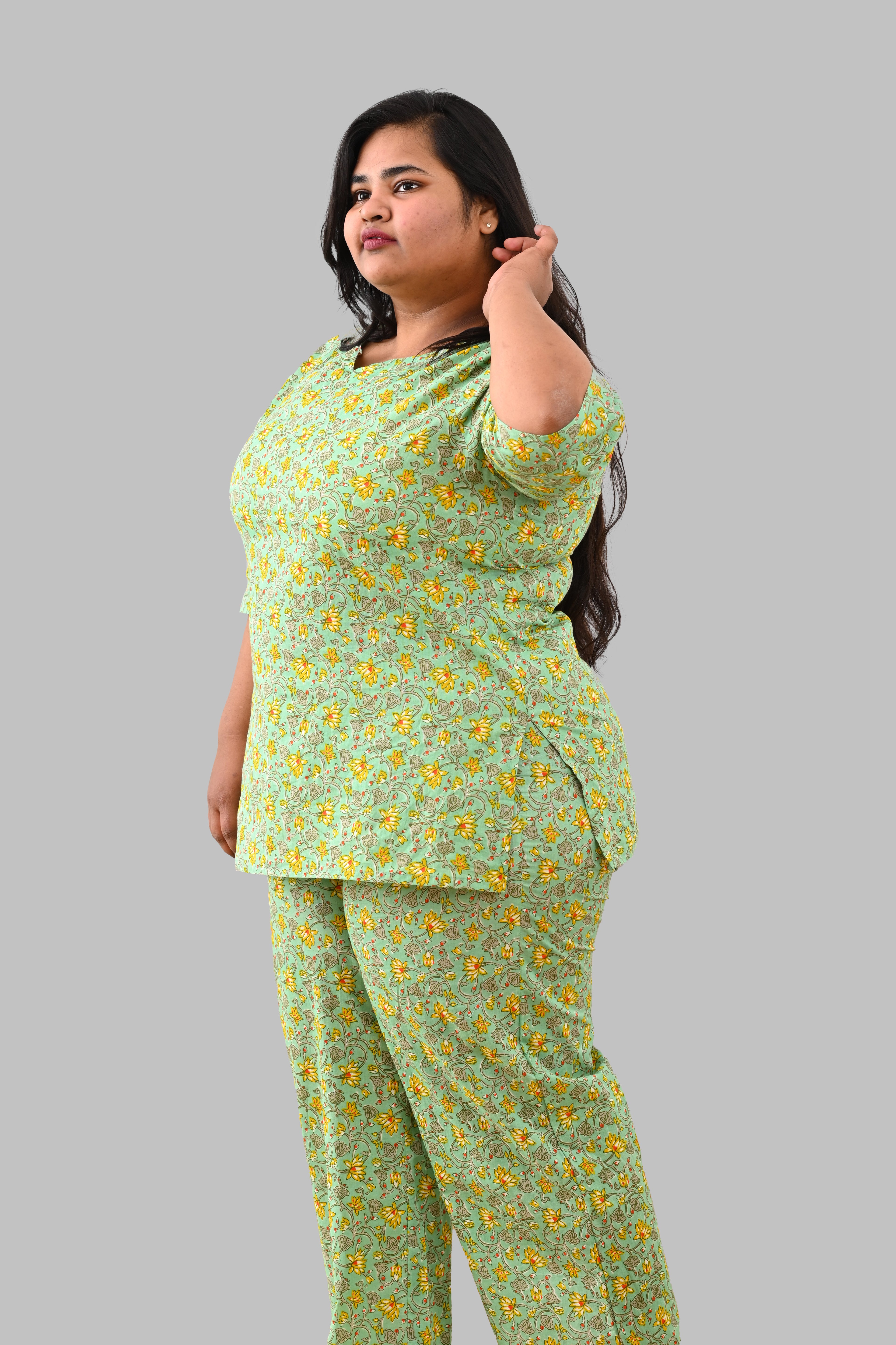 Mint Plus Size Cotton Printed Pyjama Set