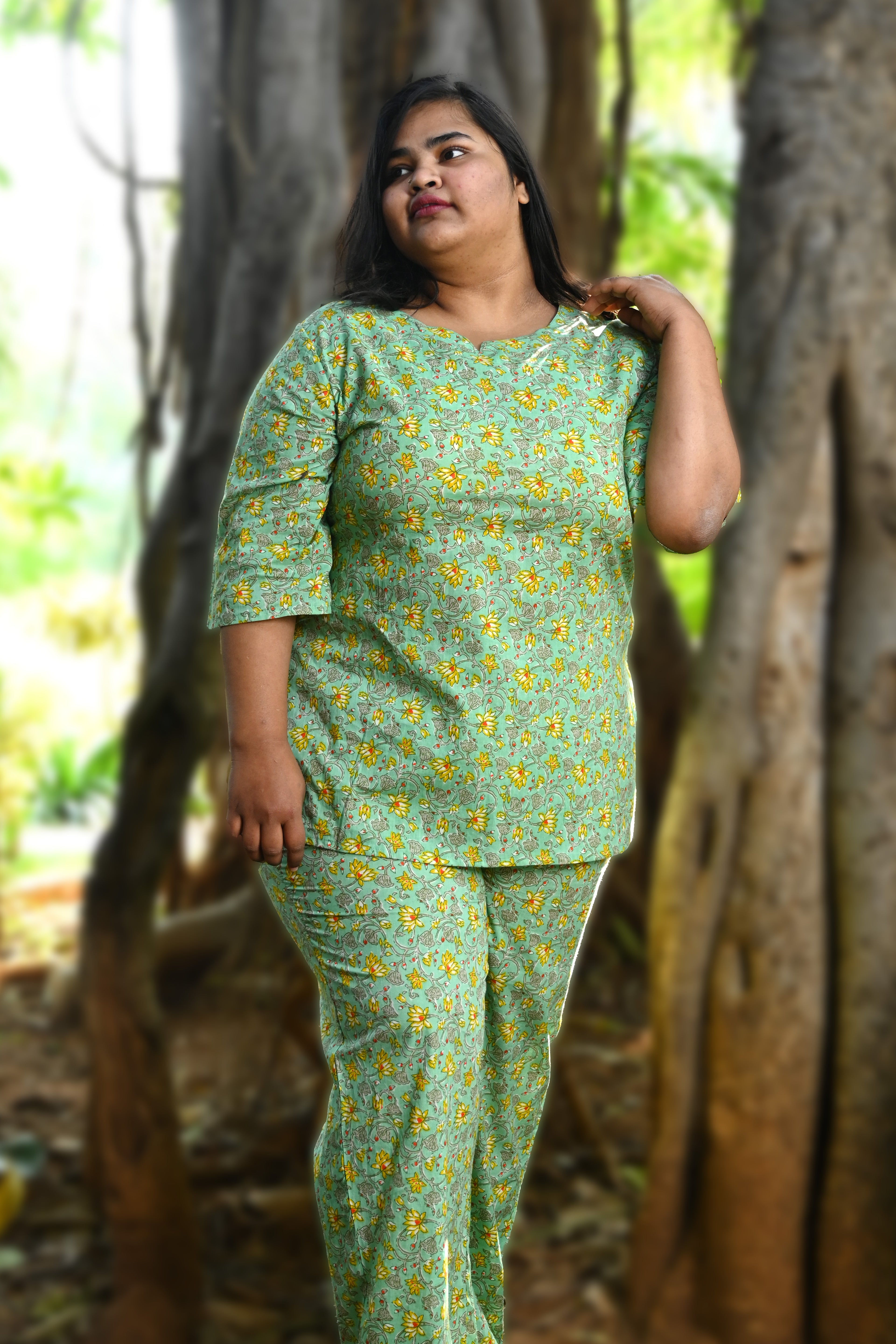 Mint Plus Size Cotton Printed Pyjama Set