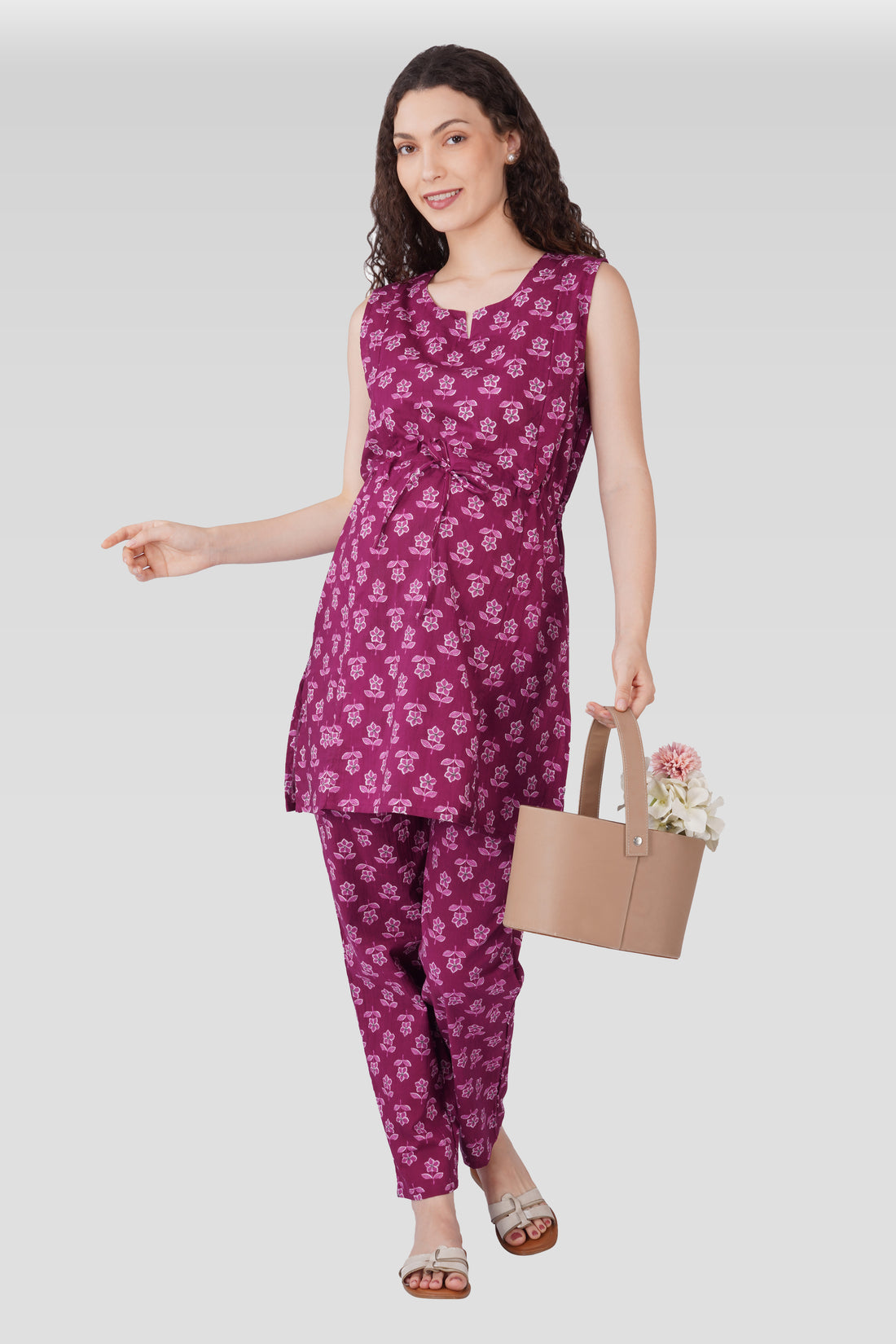Mulberry Purple Cotton Printed Maternity and Feeding Kurta Set