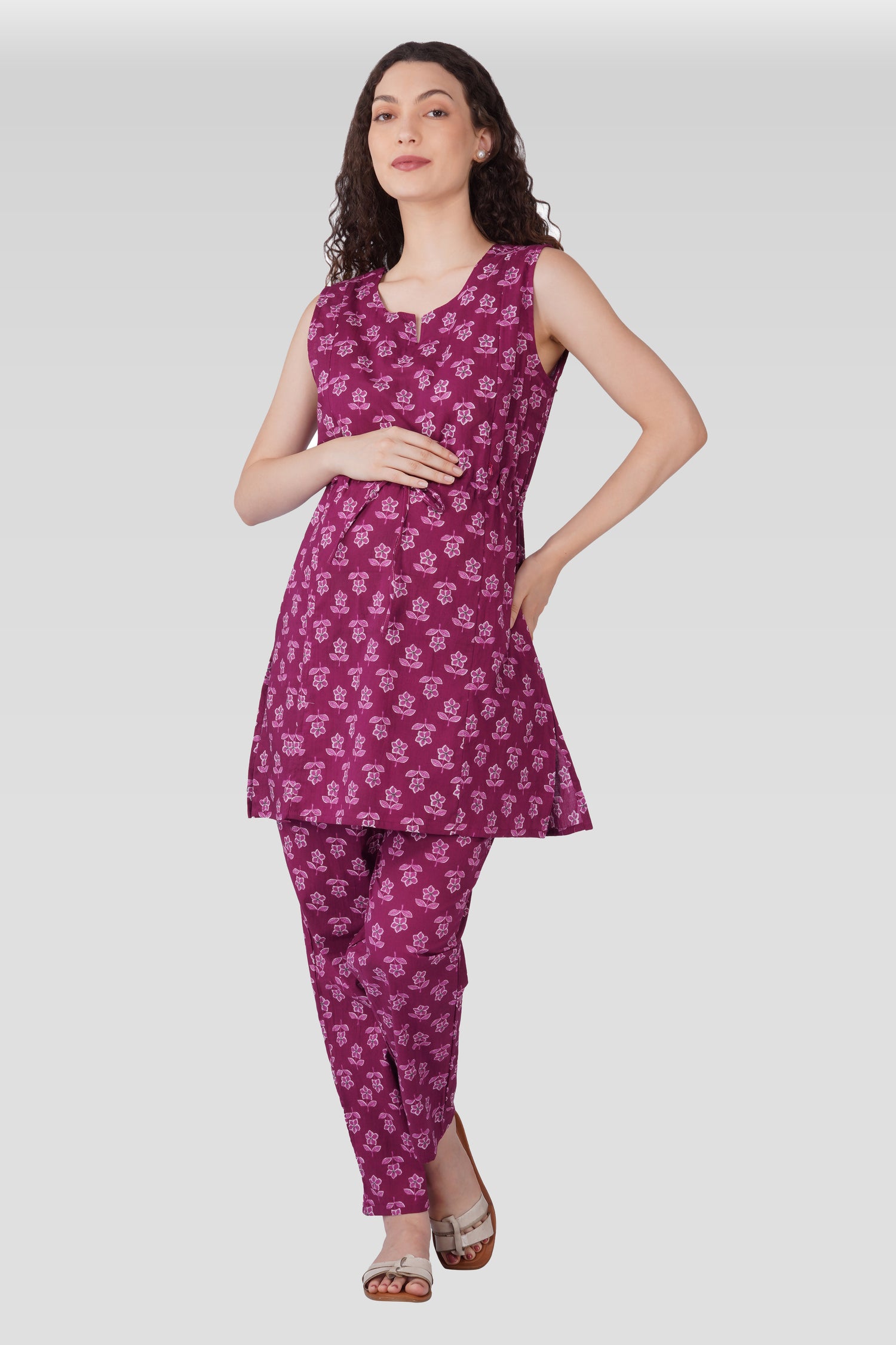 Mulberry Purple Cotton Printed Maternity and Feeding Kurta Set
