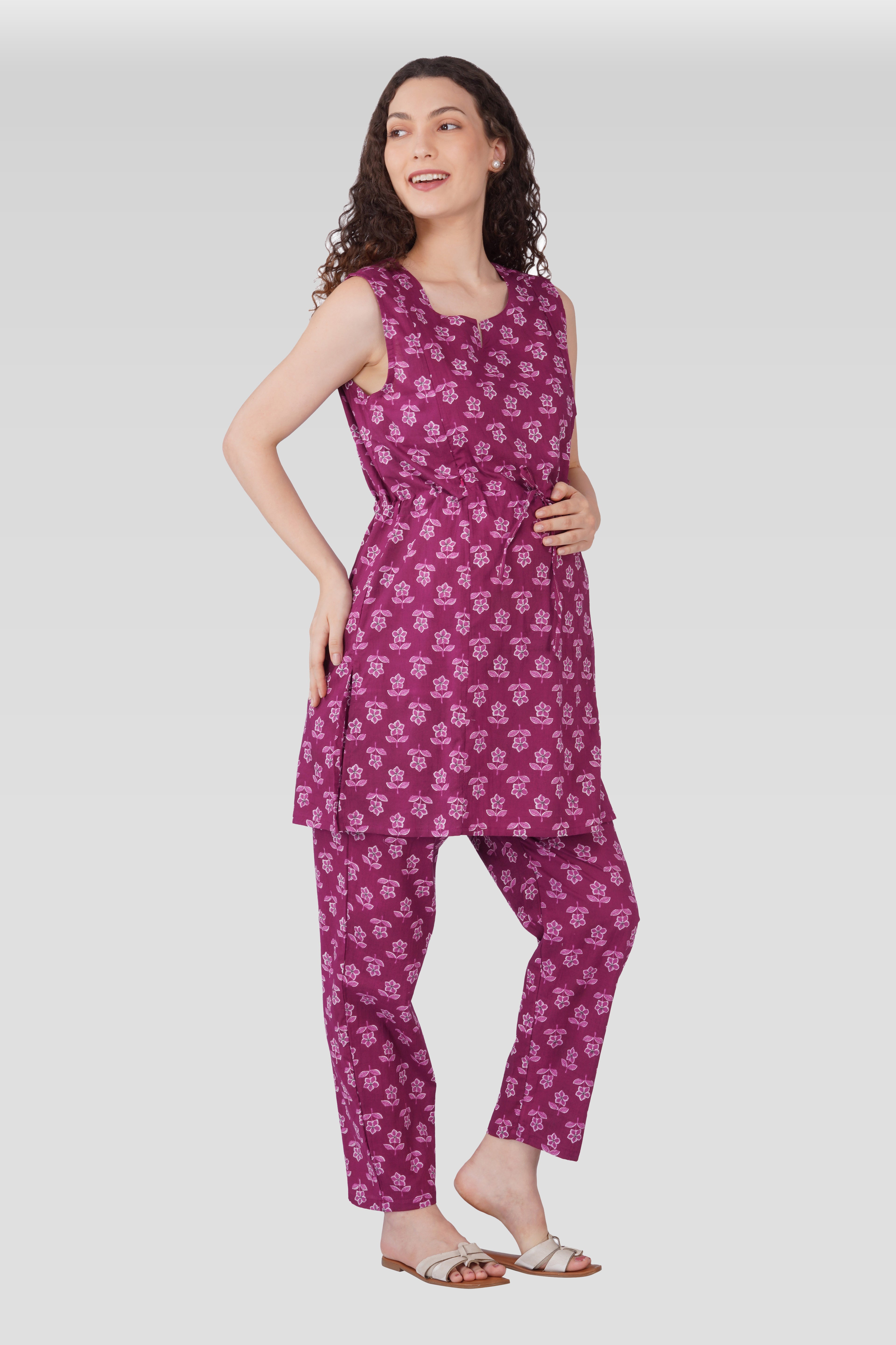 Mulberry Purple Cotton Printed Maternity and Feeding Kurta Set