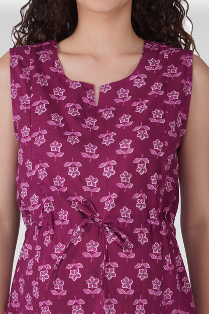 Mulberry Purple Cotton Printed Maternity and Feeding Kurta Set