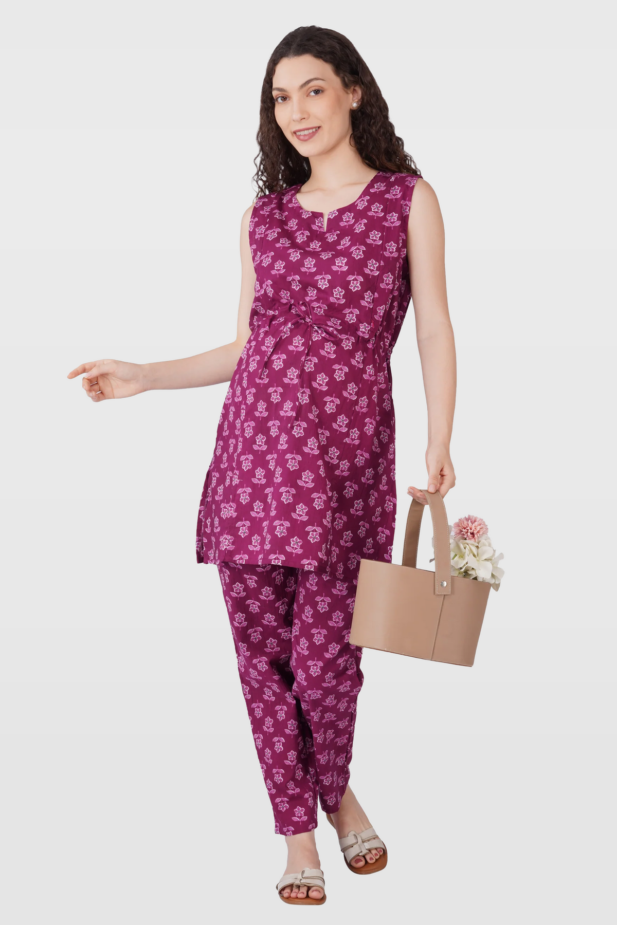 Mulberry Purple Cotton Printed Maternity and Feeding Kurta Set