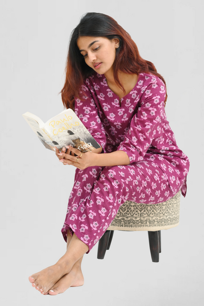 Mulberry Purple Cotton Printed Pyjama Set 