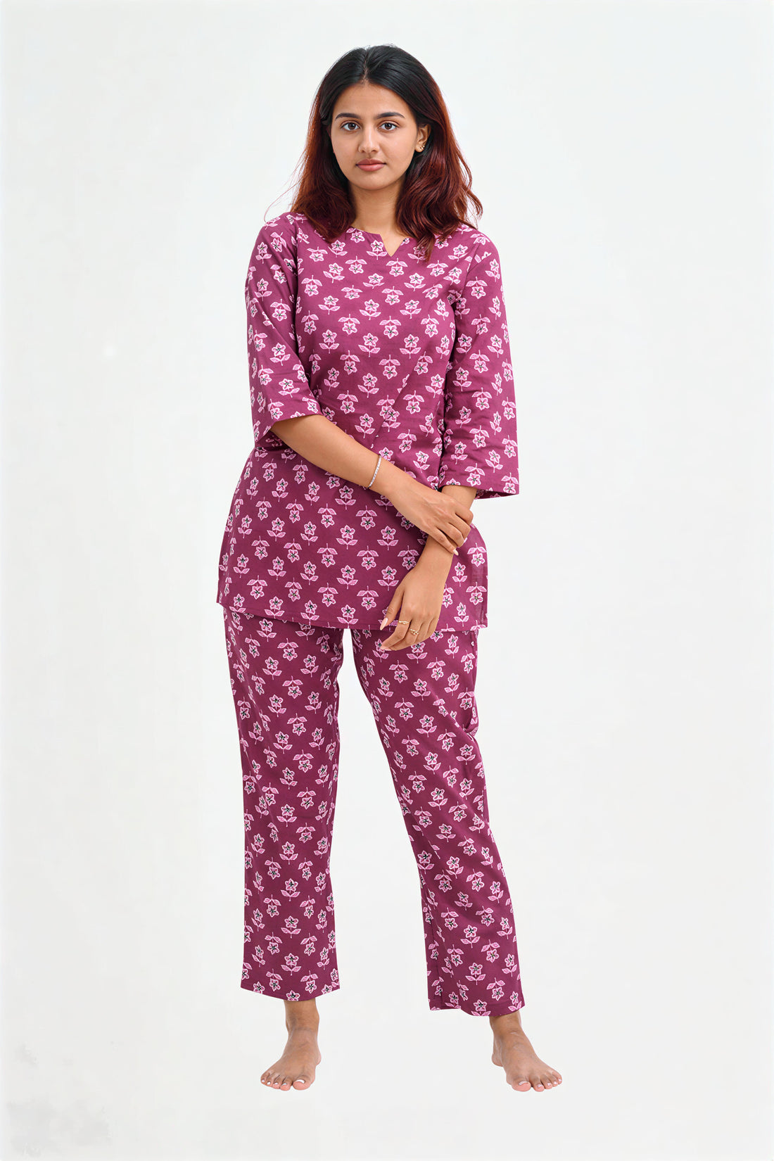 Mulberry Purple Cotton Printed Pyjama Set