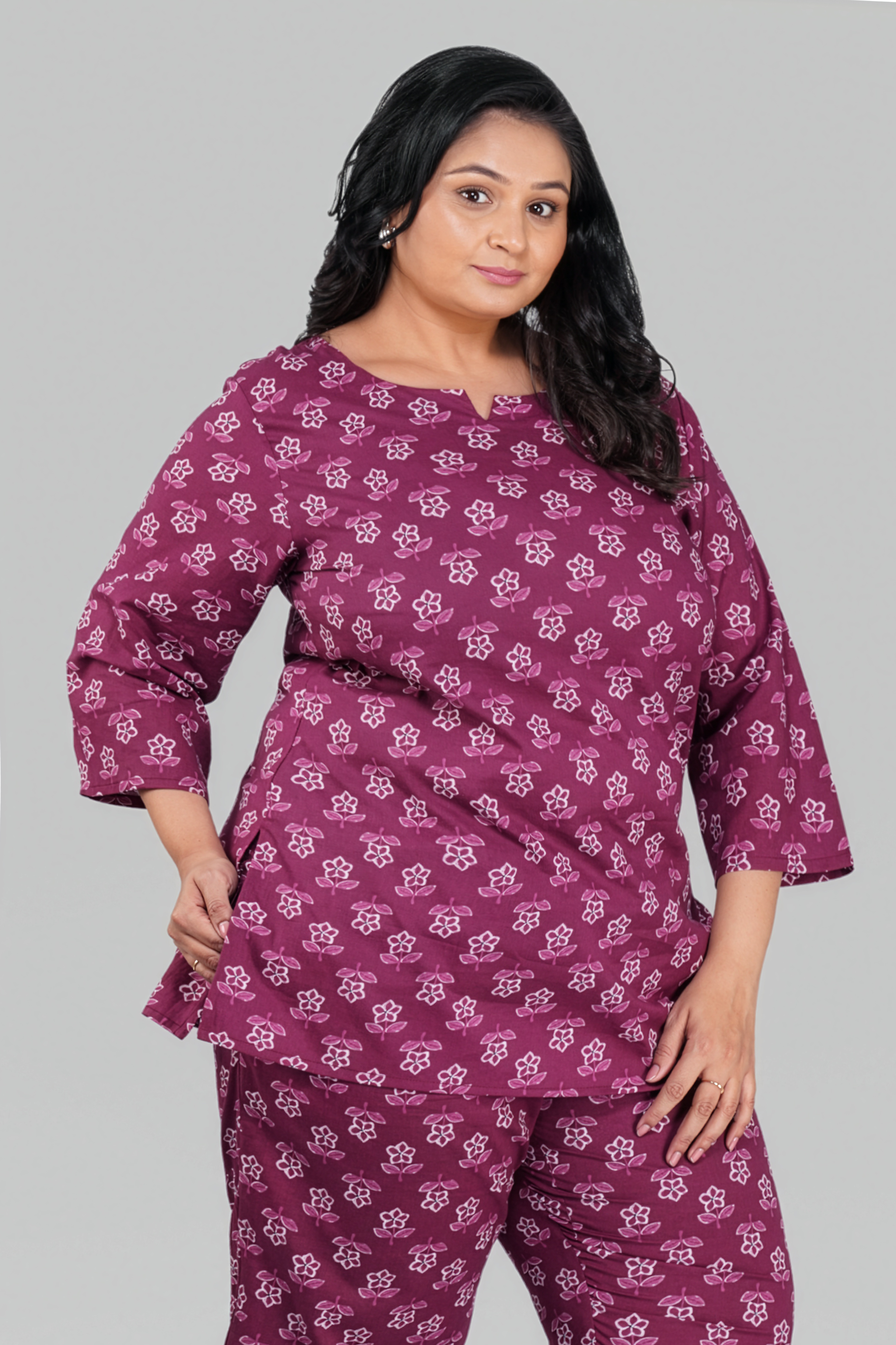 Mulberry Purple Plus Size Cotton Printed Pyjama Set