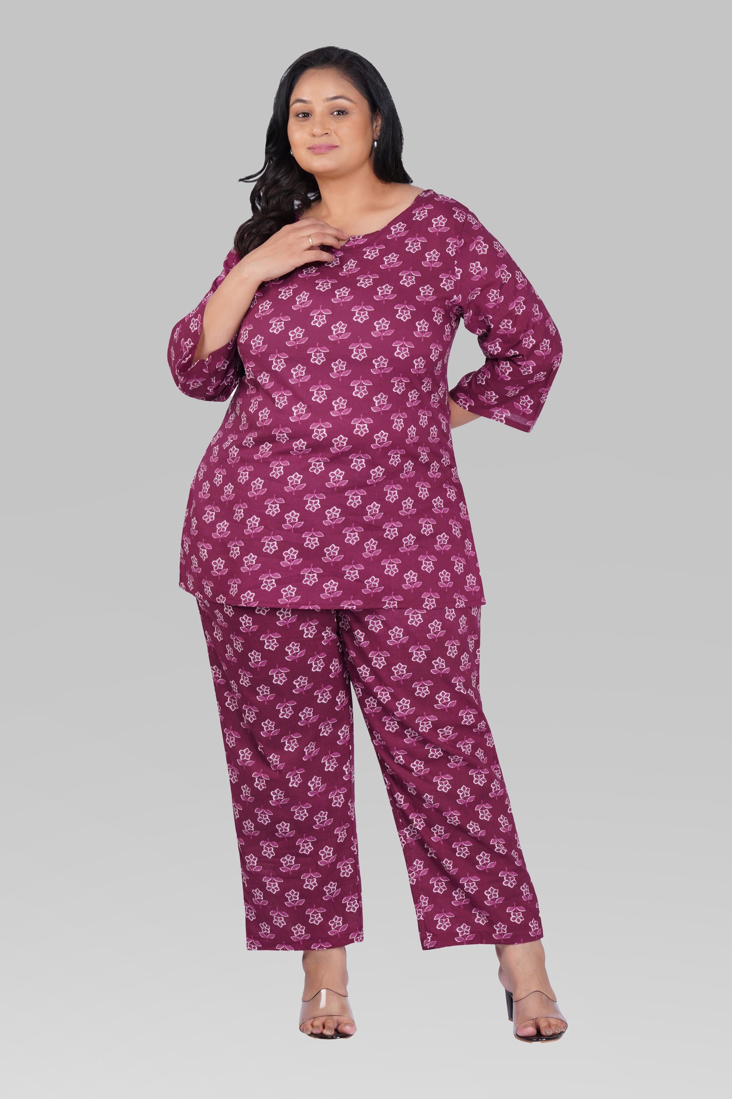 Mulberry Purple Plus Size Cotton Printed Pyjama Set