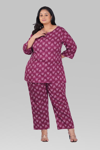 Mulberry Purple Plus Size Cotton Printed Pyjama Set